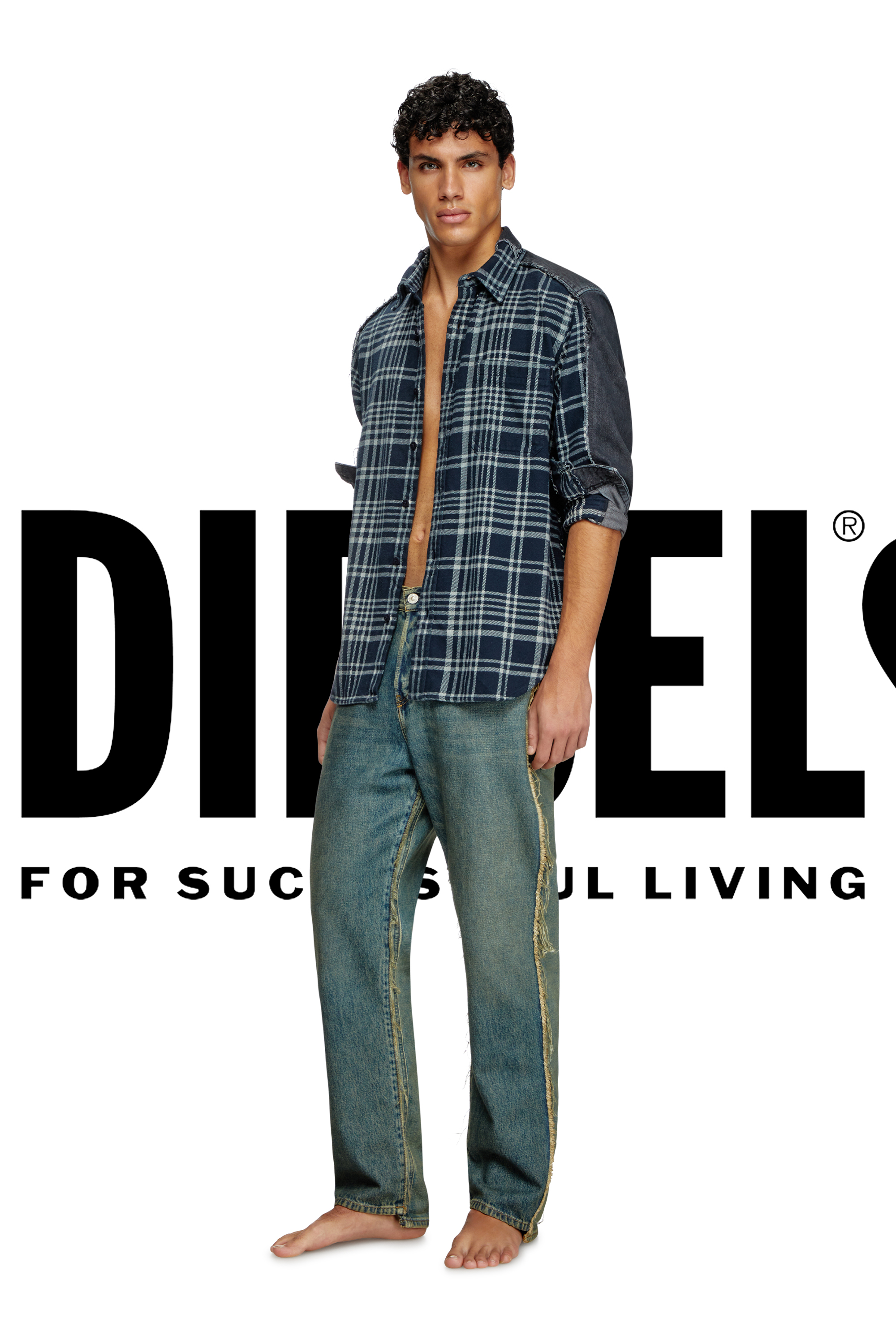 Diesel - Shirt Dieseloves 6B, Unisex's Overdyed check and denim shirt in Blue/Black - 2