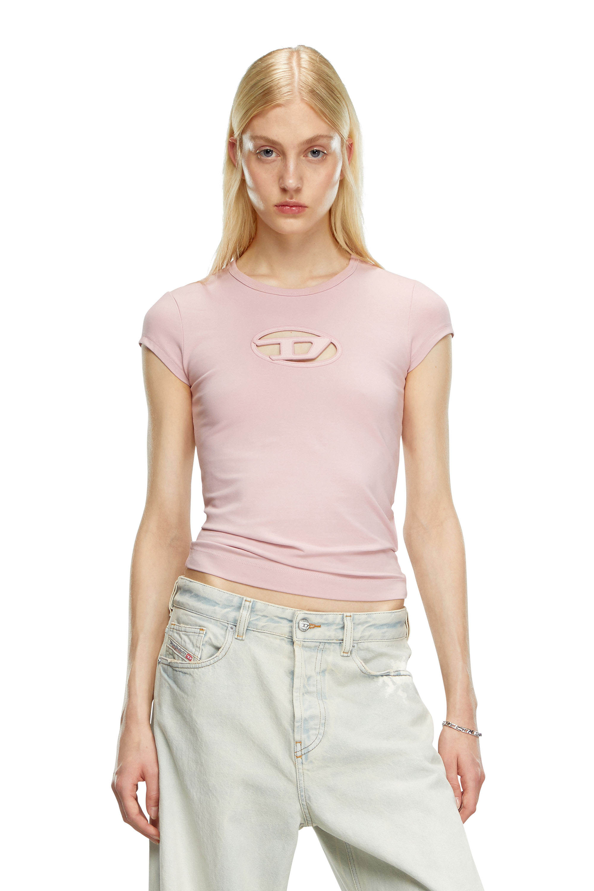 Diesel - T-ANGIE, Woman's T-shirt with peekaboo logo in Face Powder - 1