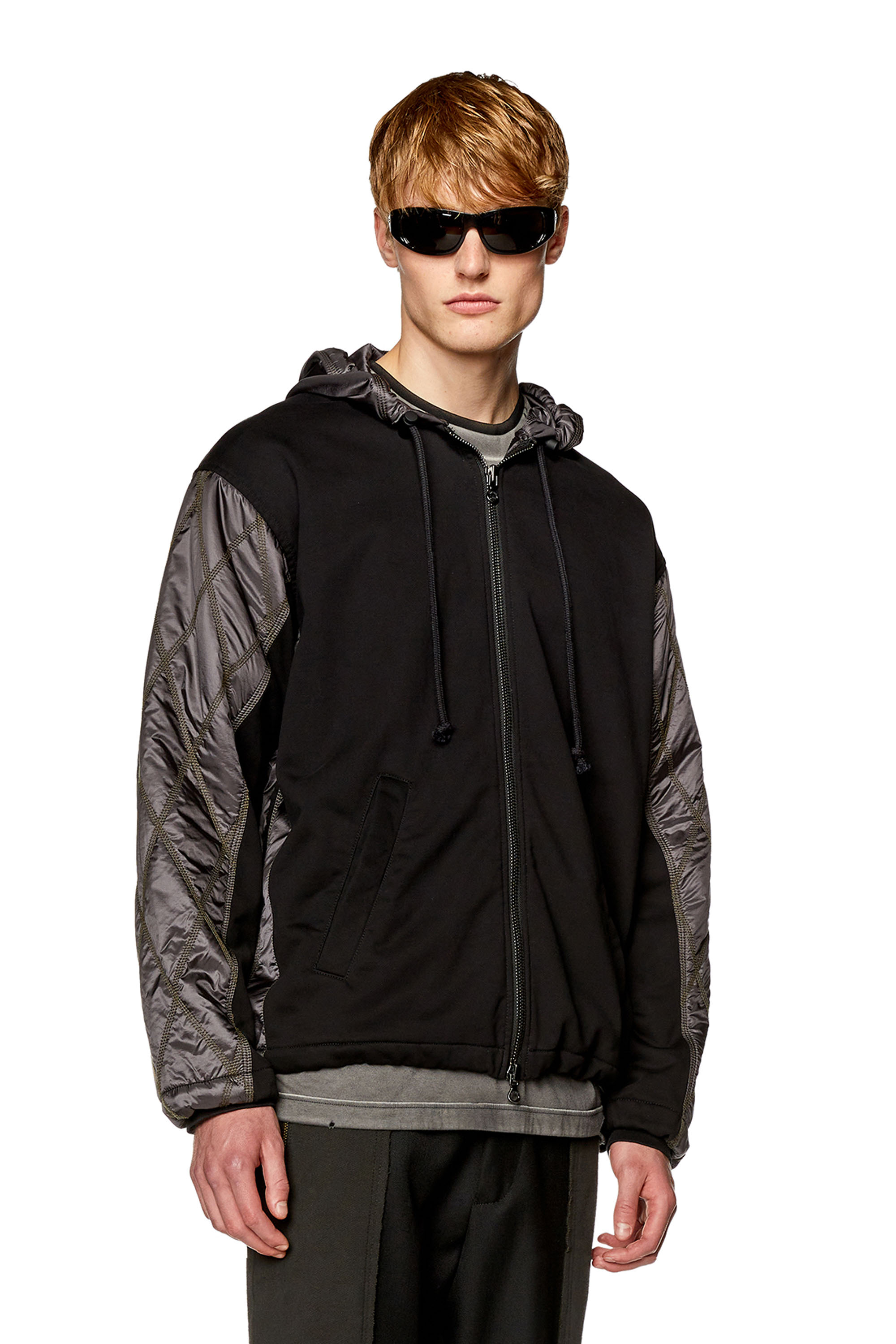 Diesel - J-ROMBE, Man's Hooded jacket in fleece and quilted nylon in Black - 1