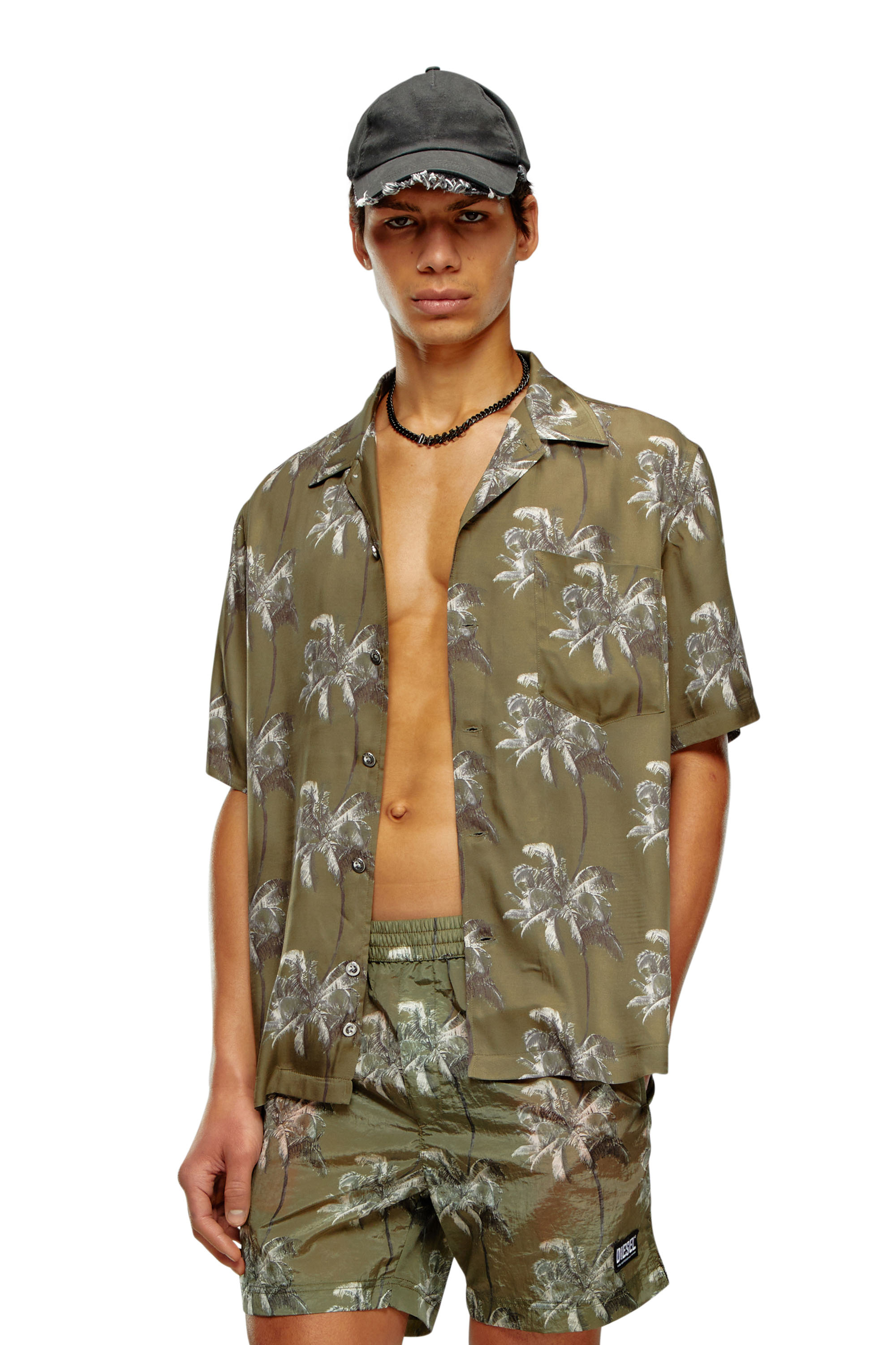 Diesel - BMOWT-ADRIAN, Man's Beach shirt with palm trees print in Brown - 1