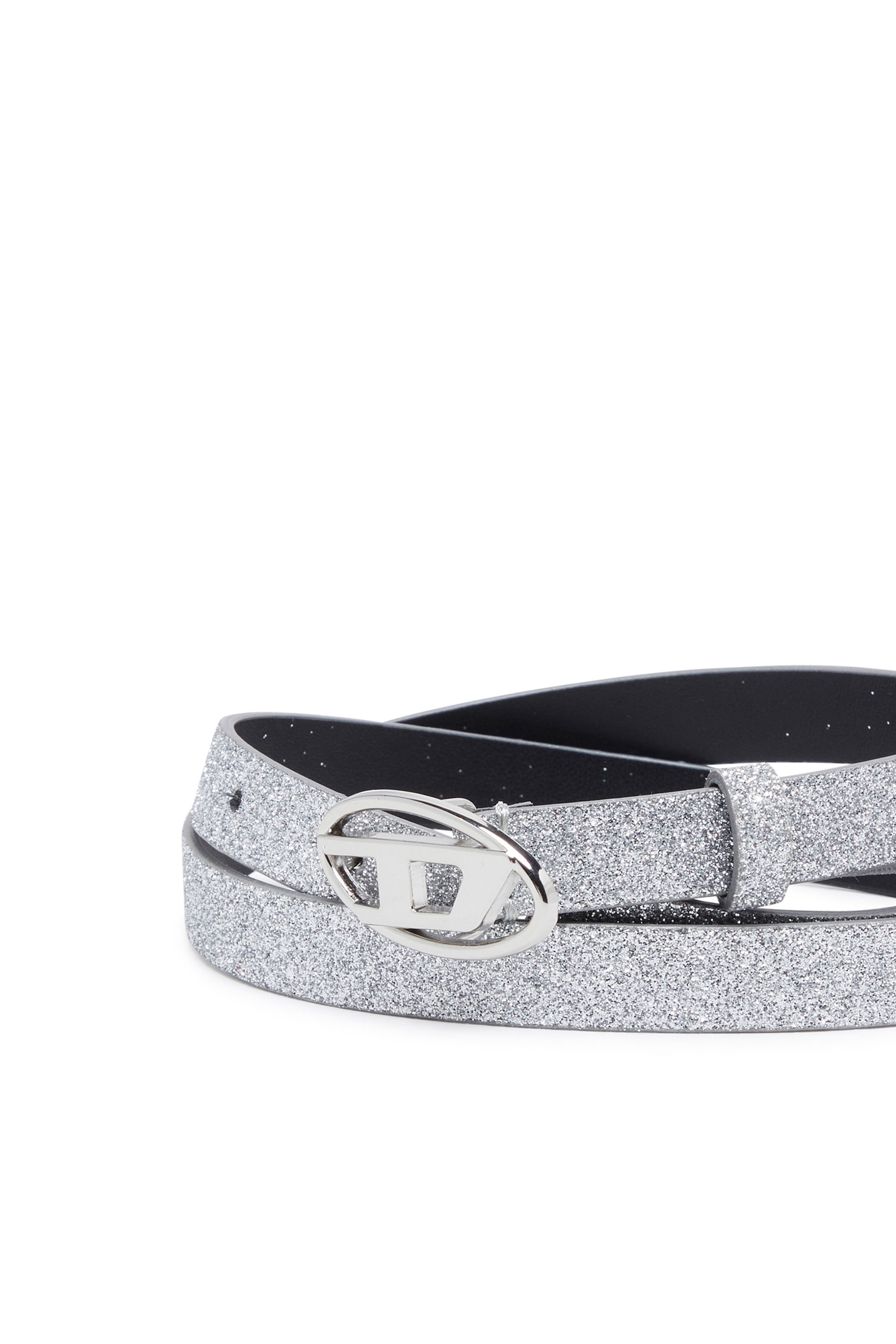 Diesel - B-1DR 15, Woman's Slim glittery belt with Oval D buckle in Silver - 3