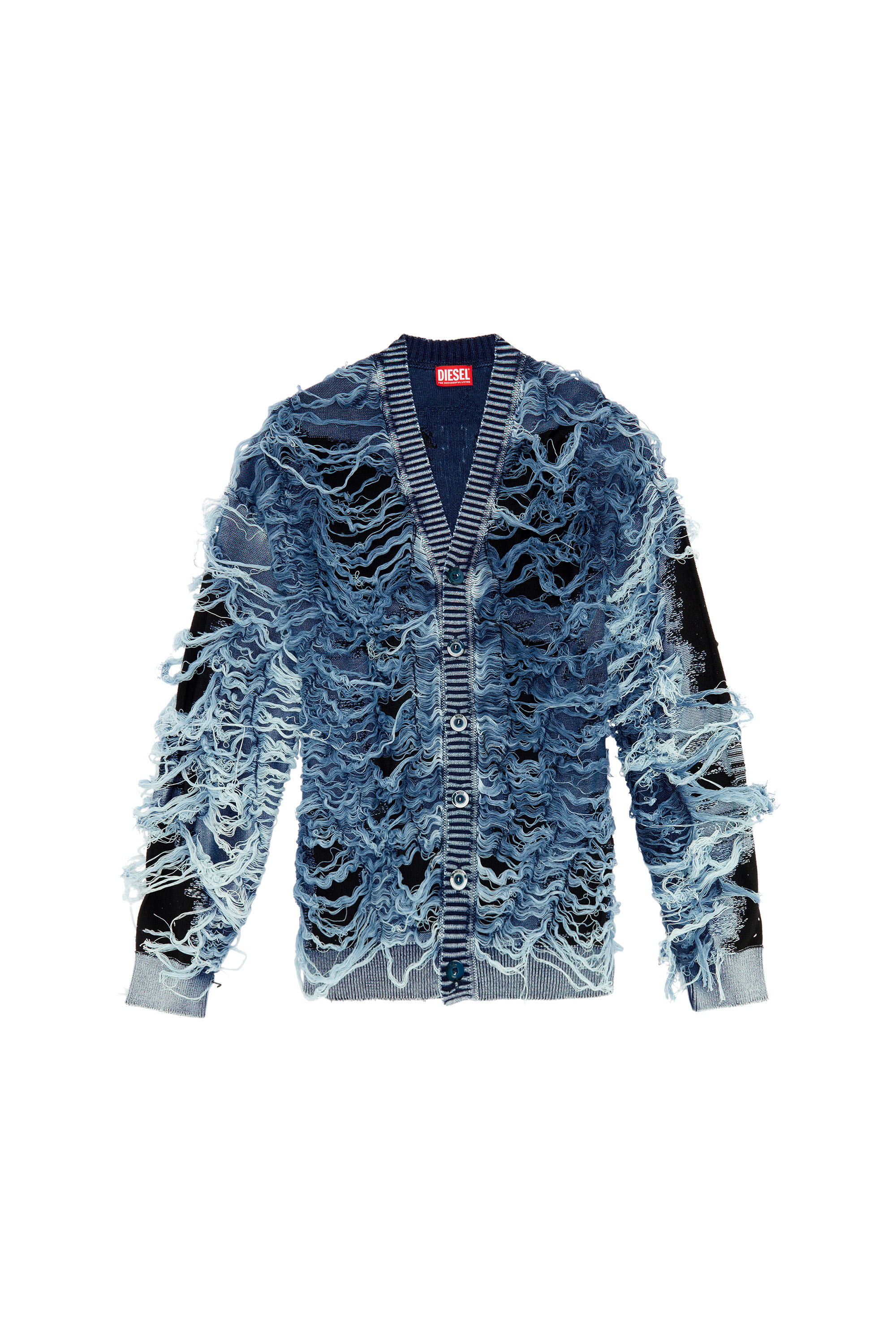 Diesel - K-BOBOLI, Man's Destroyed indigo V-neck cardigan in Black/Blue - 3