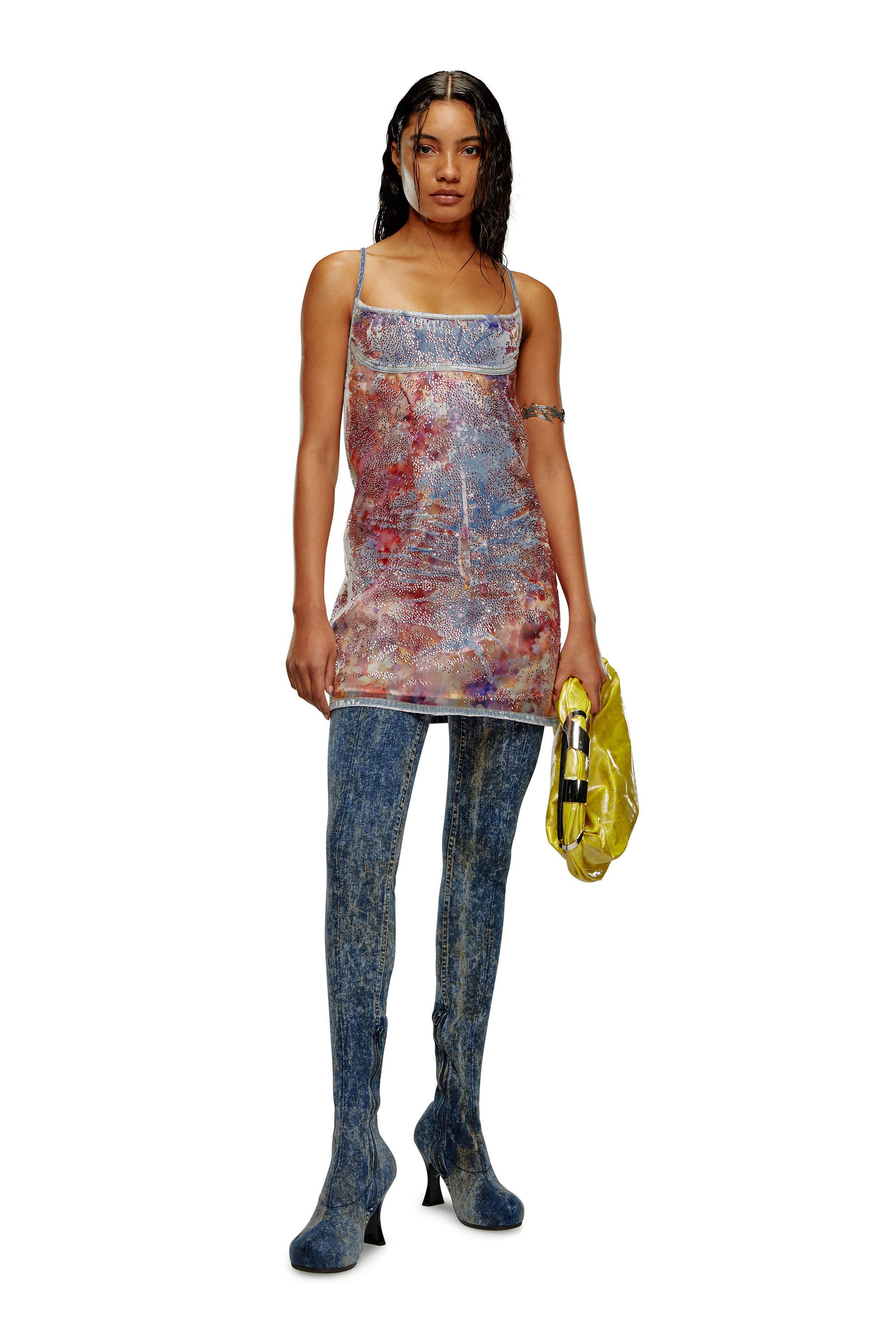 Diesel - DE-HELD-SHORT-FSE, Woman's Strappy midi dress in sequin denim in Blue/Red - 1