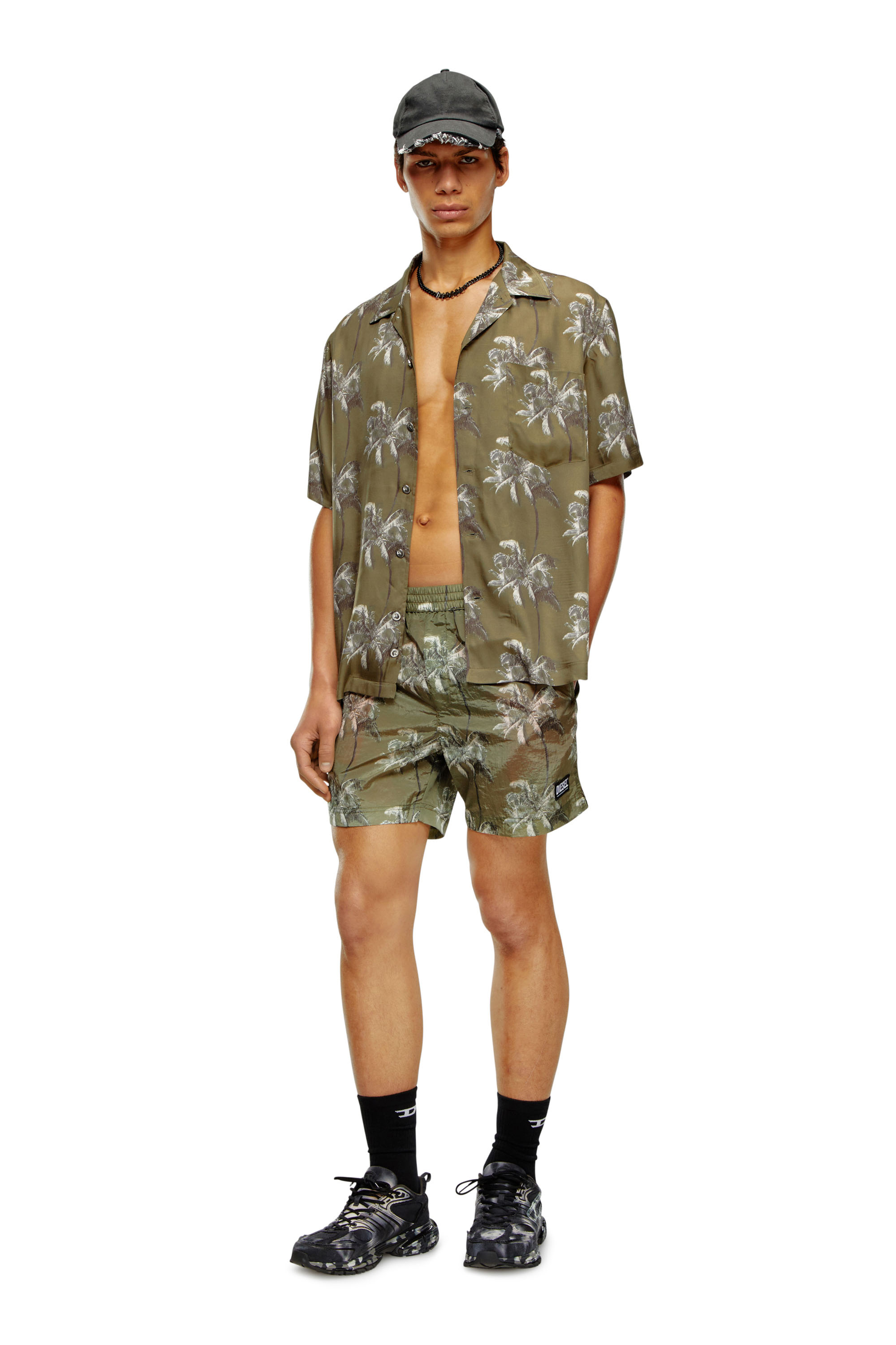 Diesel - BMOWT-ADRIAN, Man's Beach shirt with palm trees print in Brown - 2