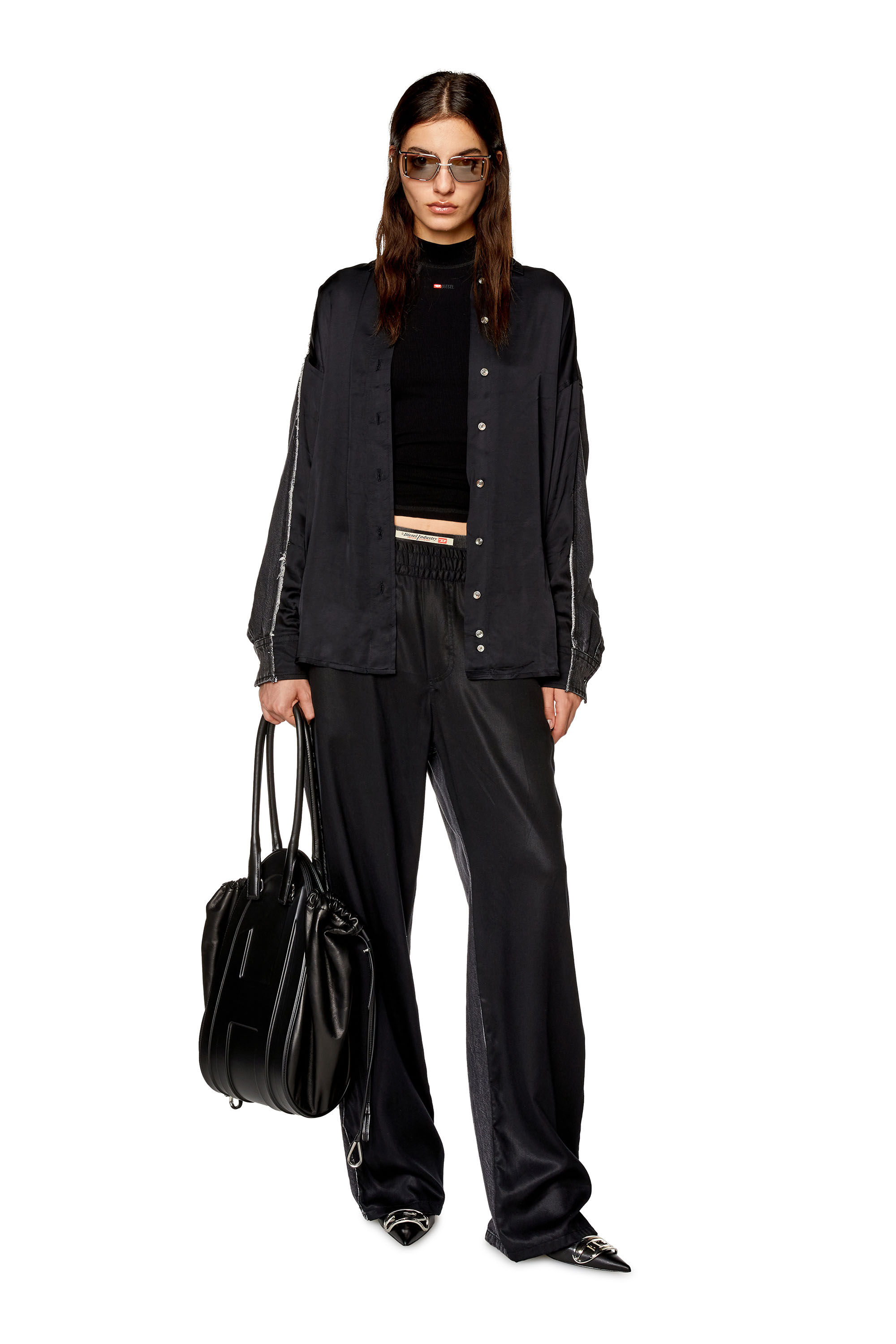 Diesel - S-DOU-DNM-FL, Woman's Shirt in satin and denim in Black - 2