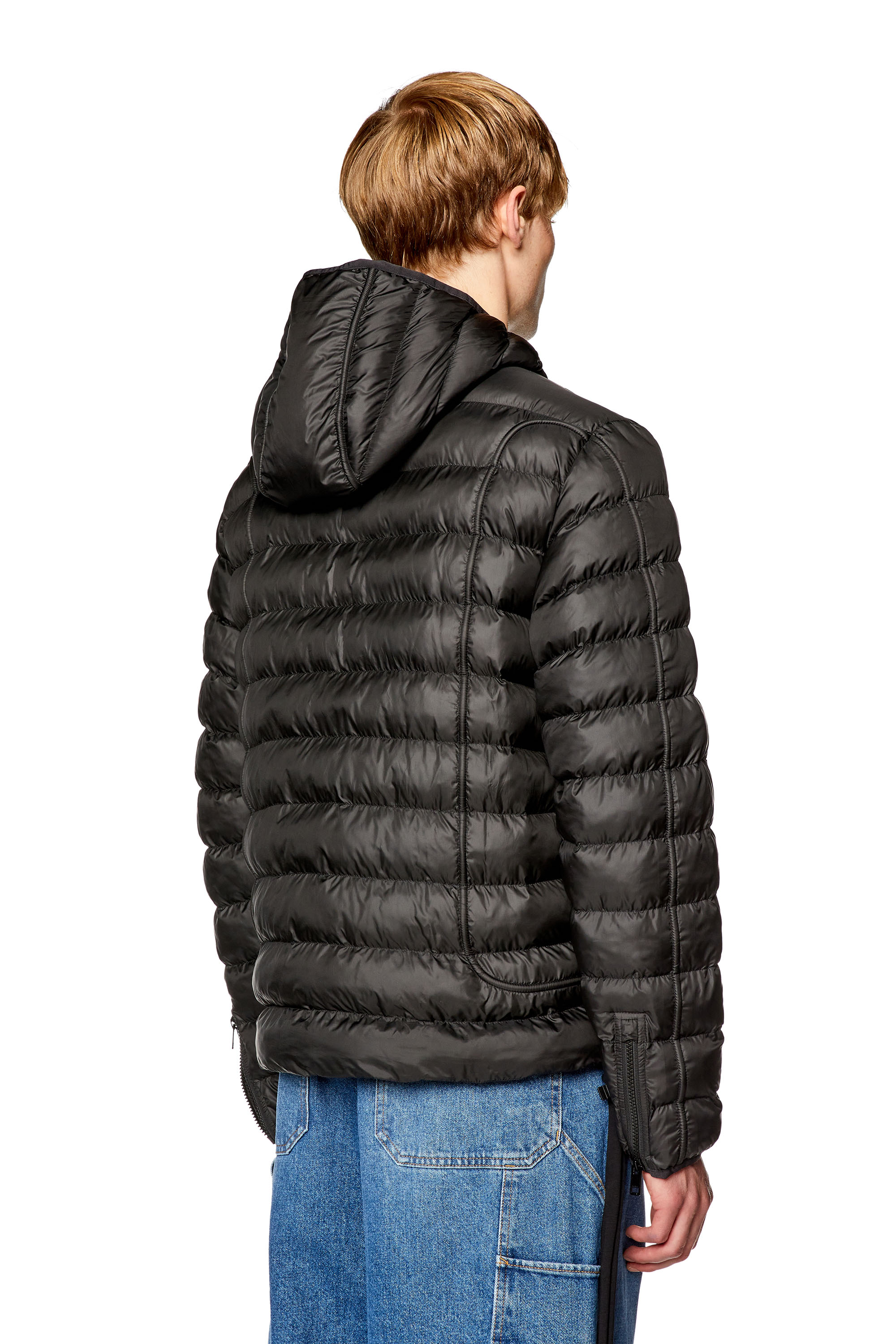 Diesel - W-SCOTTYS, Man's Hooded nylon puffer jacket with piping in Black - 4