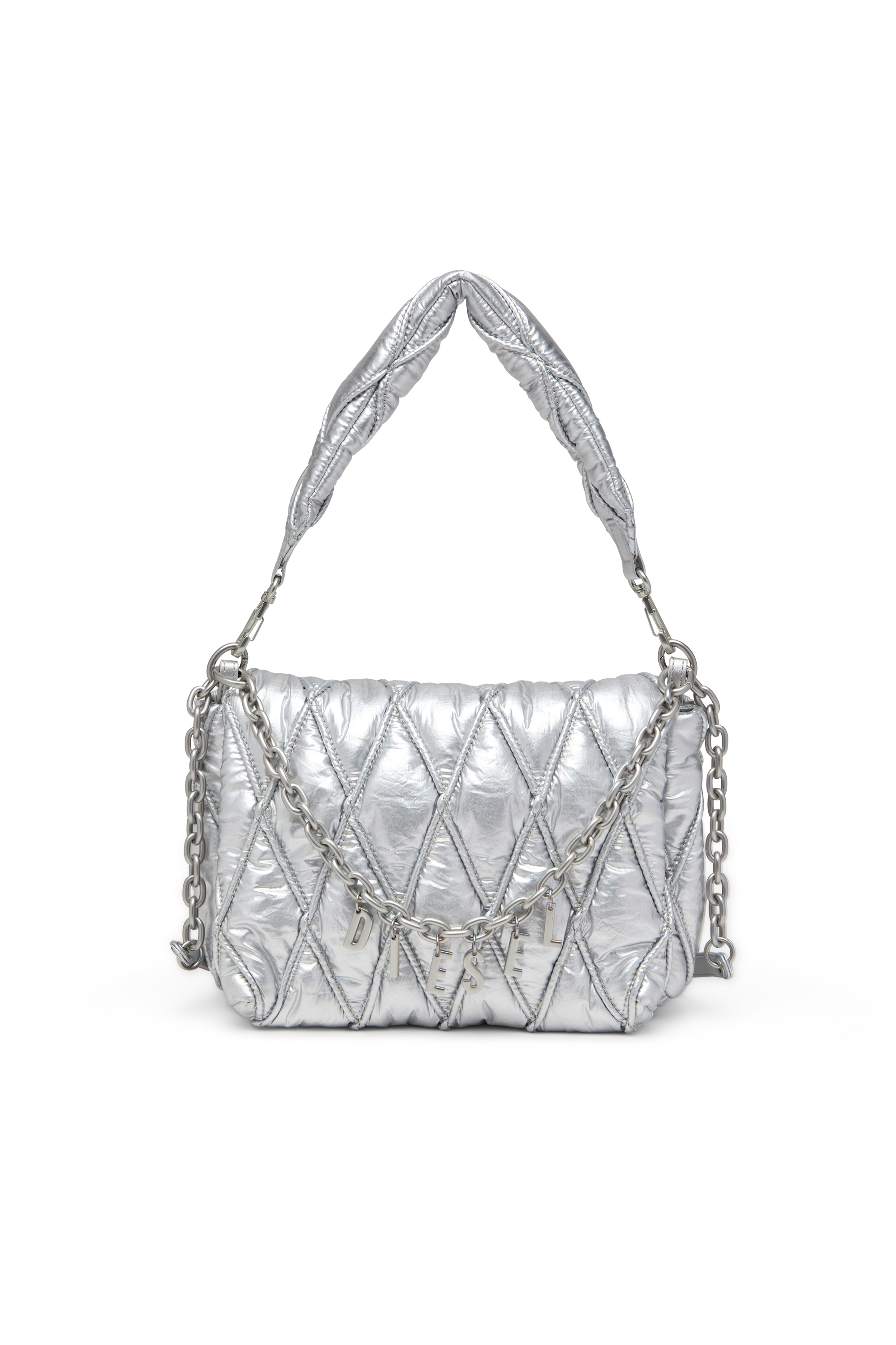 Diesel - CHARM-D SHOULDER M, Woman's Shoulder bag in quilted metallic nylon in Silver - 1