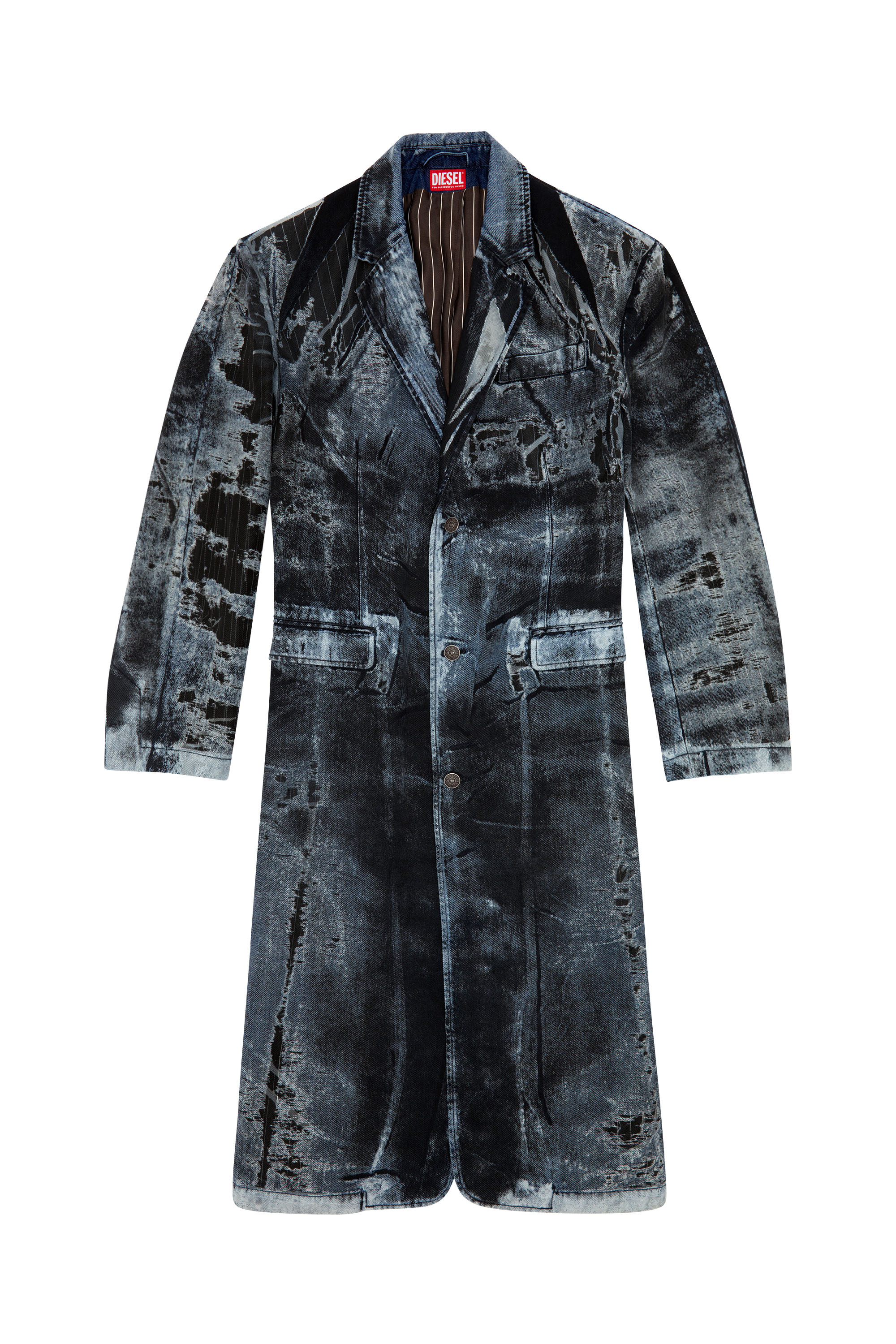 Diesel - D-BLA-LONG-DEV-FSE, Man's Coat in pinstriped devoré denim in Dark Blue - 3