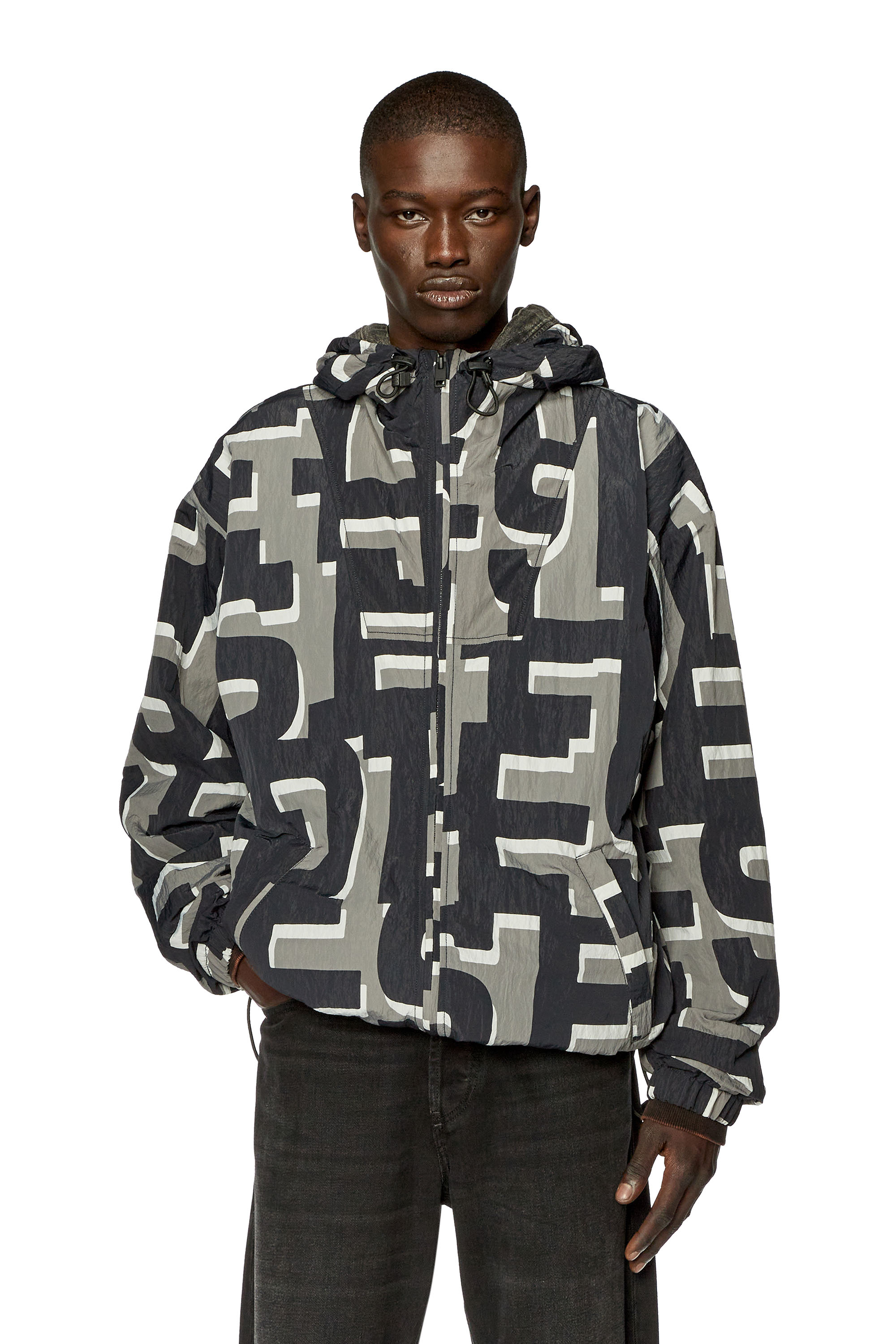 Diesel - J-JASS-MON-PRINT, Man's Nylon windbreaker with monogram print in Grey/Black - 1