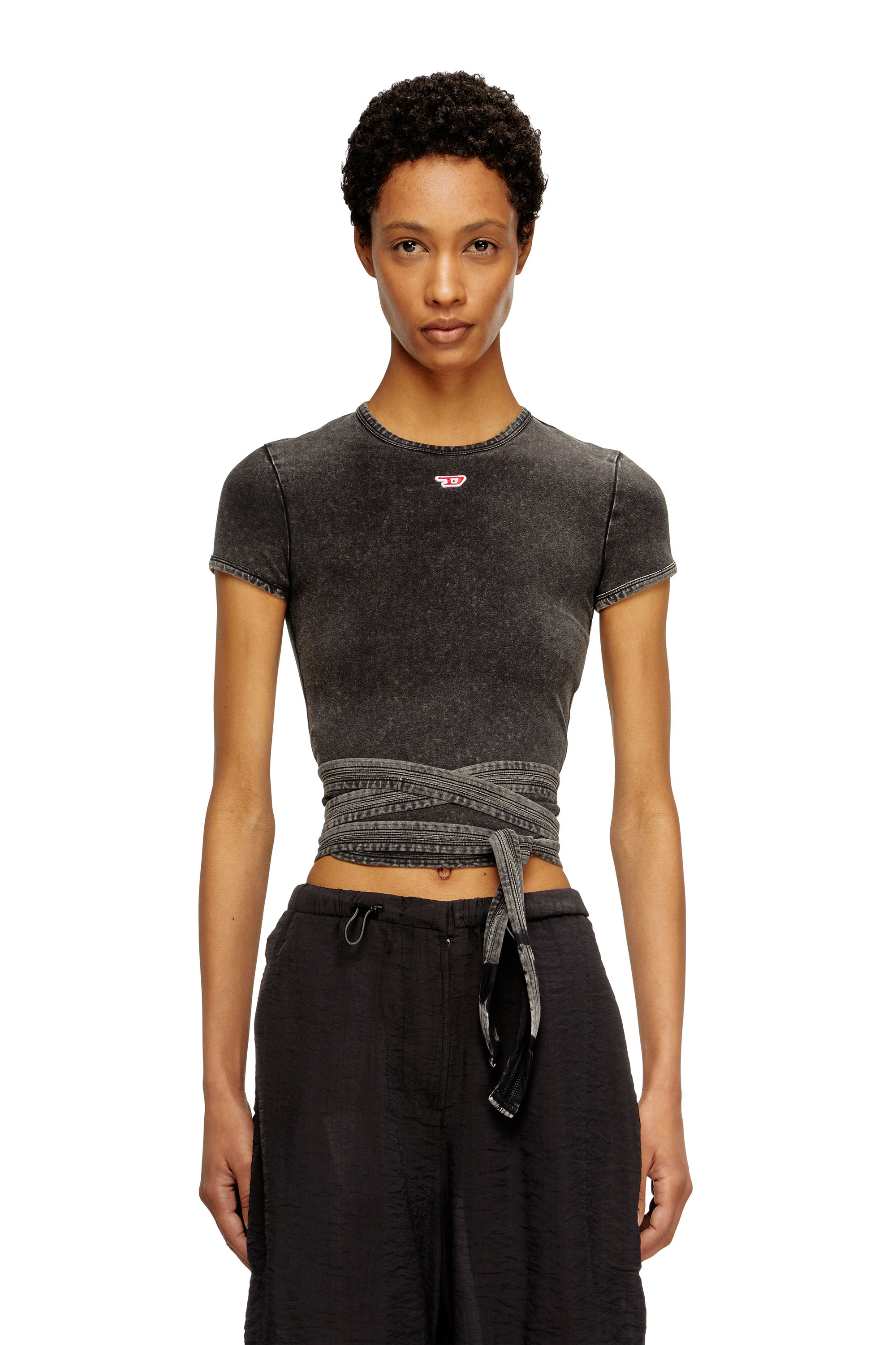 Diesel - T-BUNNY-TAIL-R1, Woman's Denim-look T-shirt with wrap ties in Black - 1