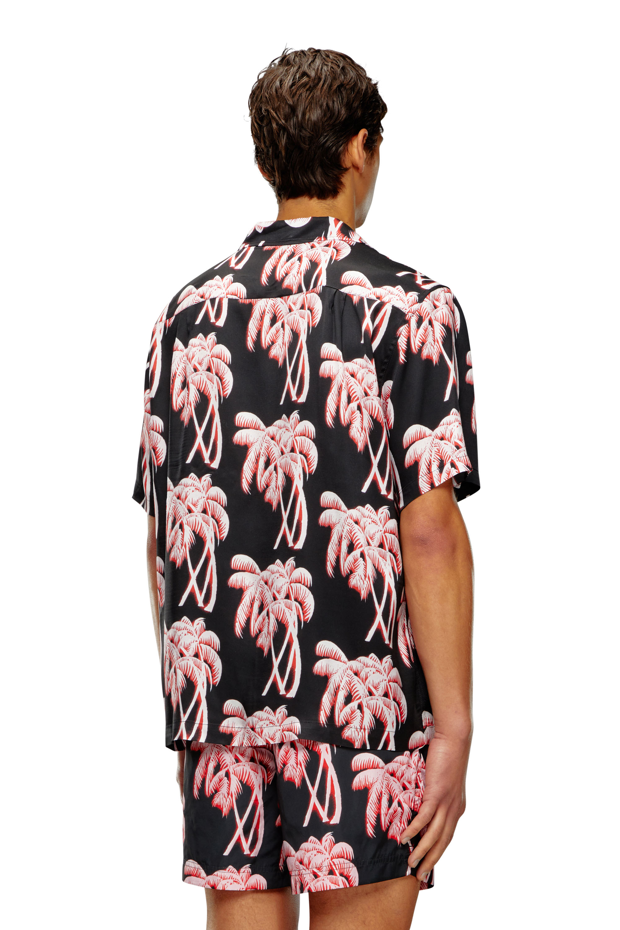 Diesel - BMOWT-ADRIAN, Man's Beach shirt with palm trees print in Black/Pink - 3