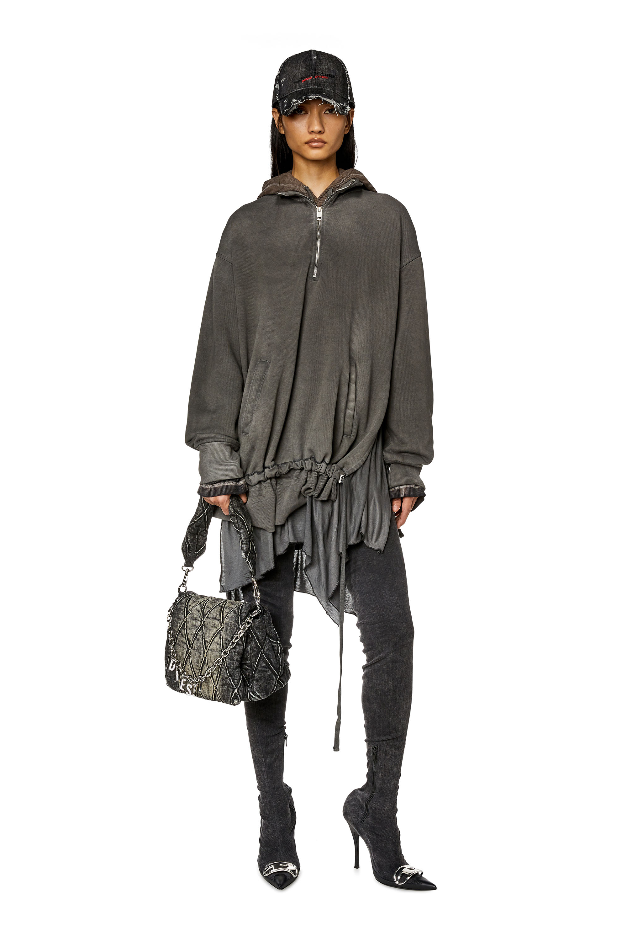 Diesel - D-ROLOCK, Woman's Faded sweatshirt dress with jersey trim in Dark grey - 1
