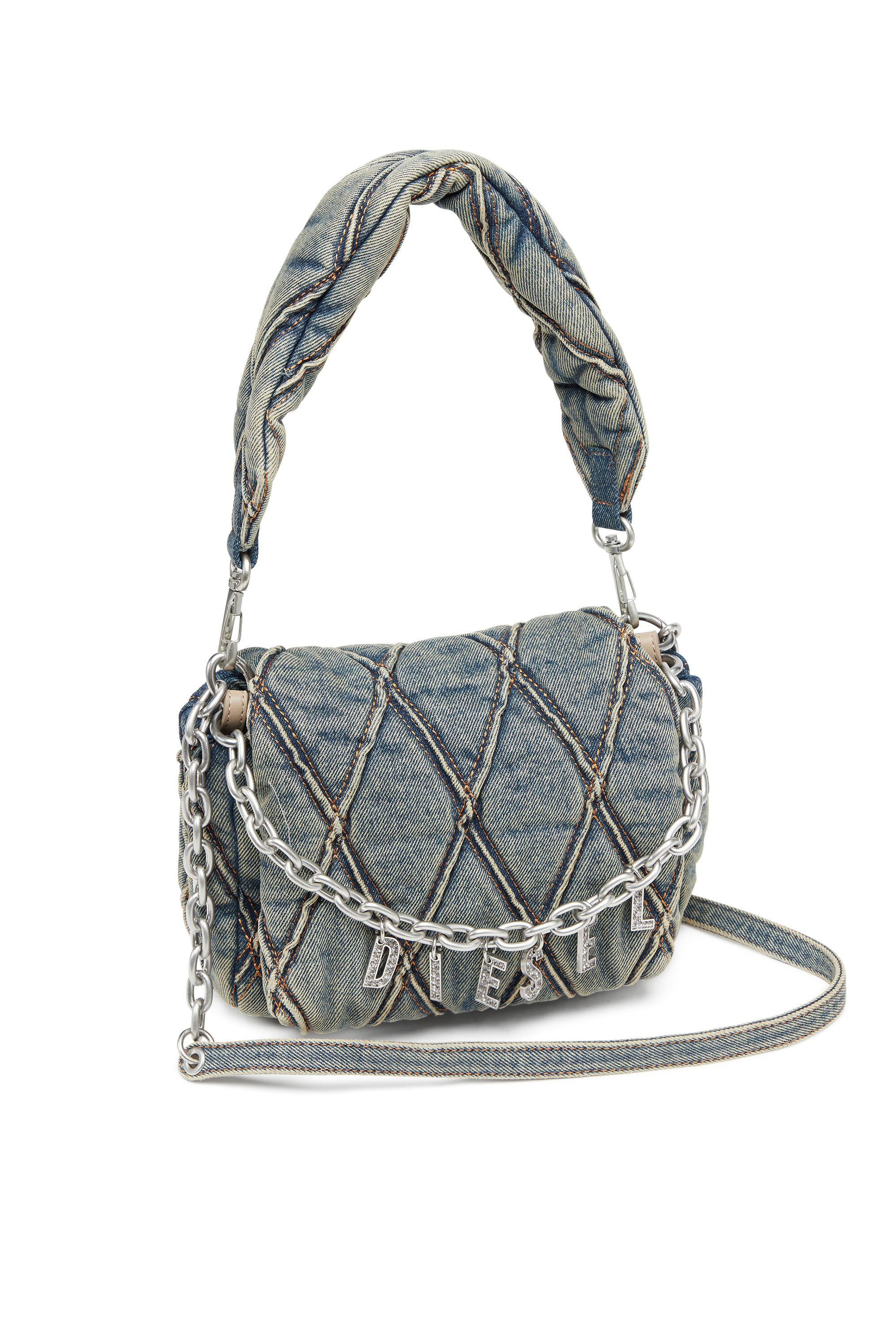 Diesel - CHARM-D SHOULDER S, Woman's Charm-D S-Small handbag in quilted denim in Dark Blue - 4