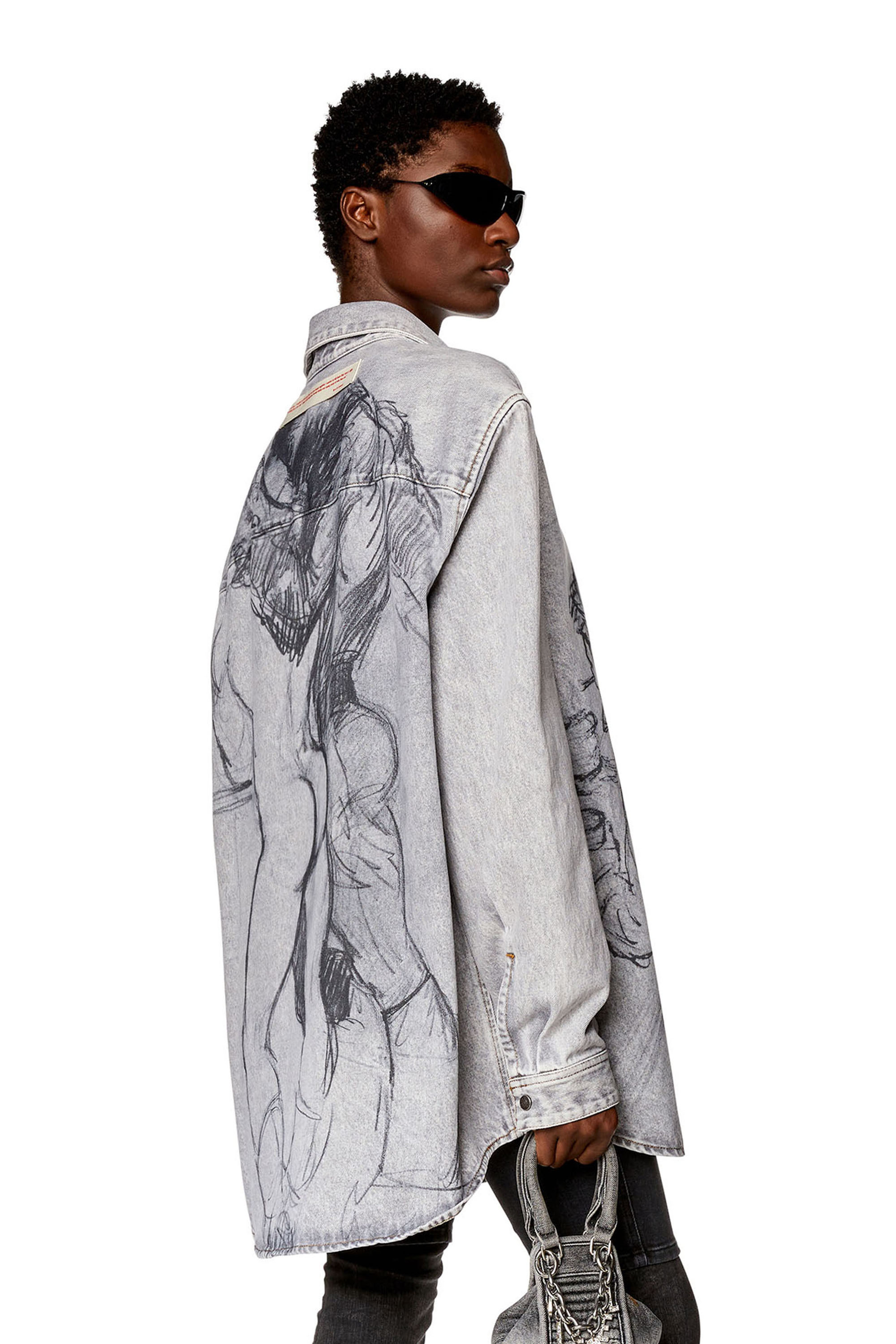 Diesel - PR-D-SIMPLY-OVER, Unisex's Denim shirt with sketch print in Light Grey - 1