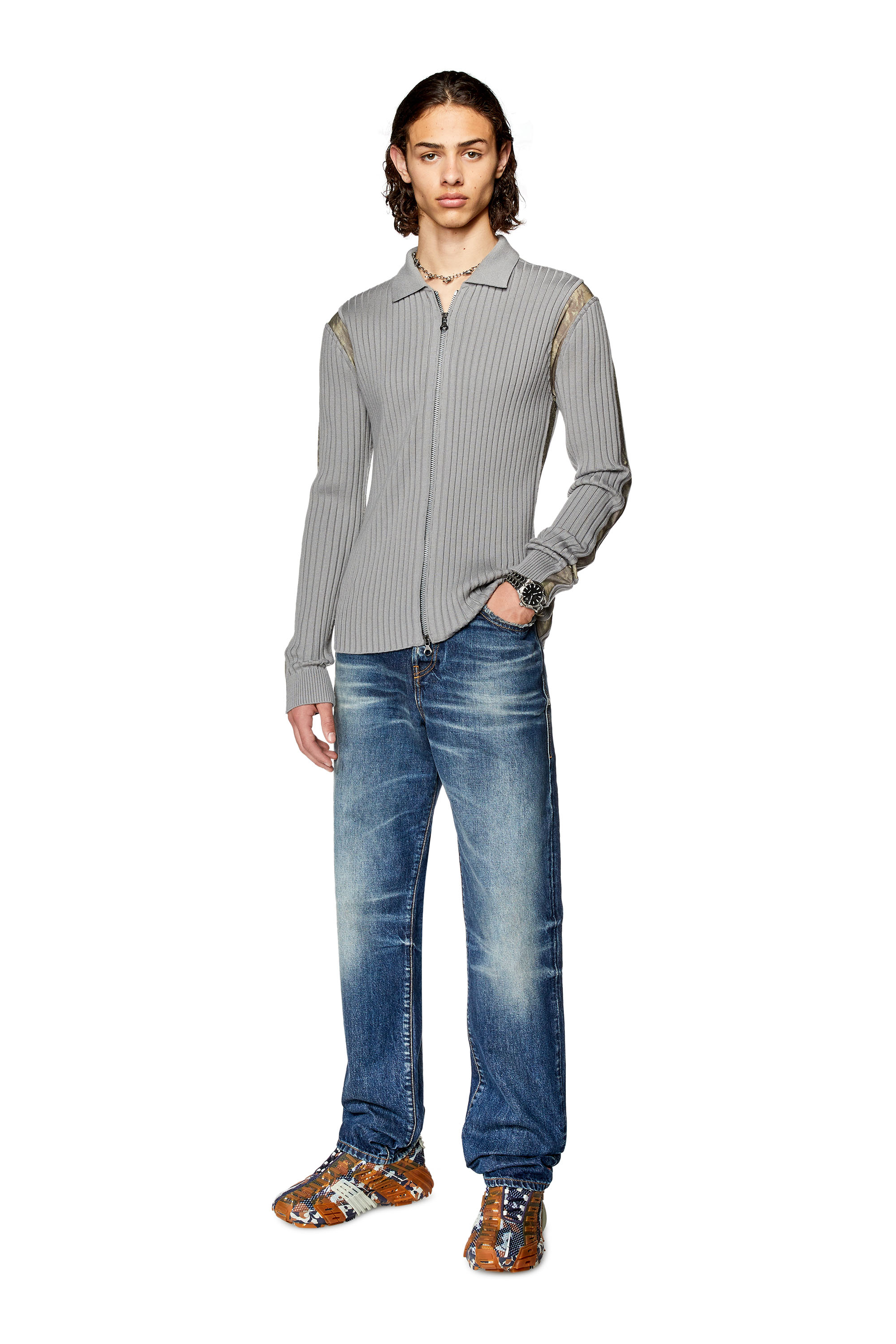 Diesel - K-LIPSI, Man's Ribbed cardigan with Planet-camo inserts in Grey - 2
