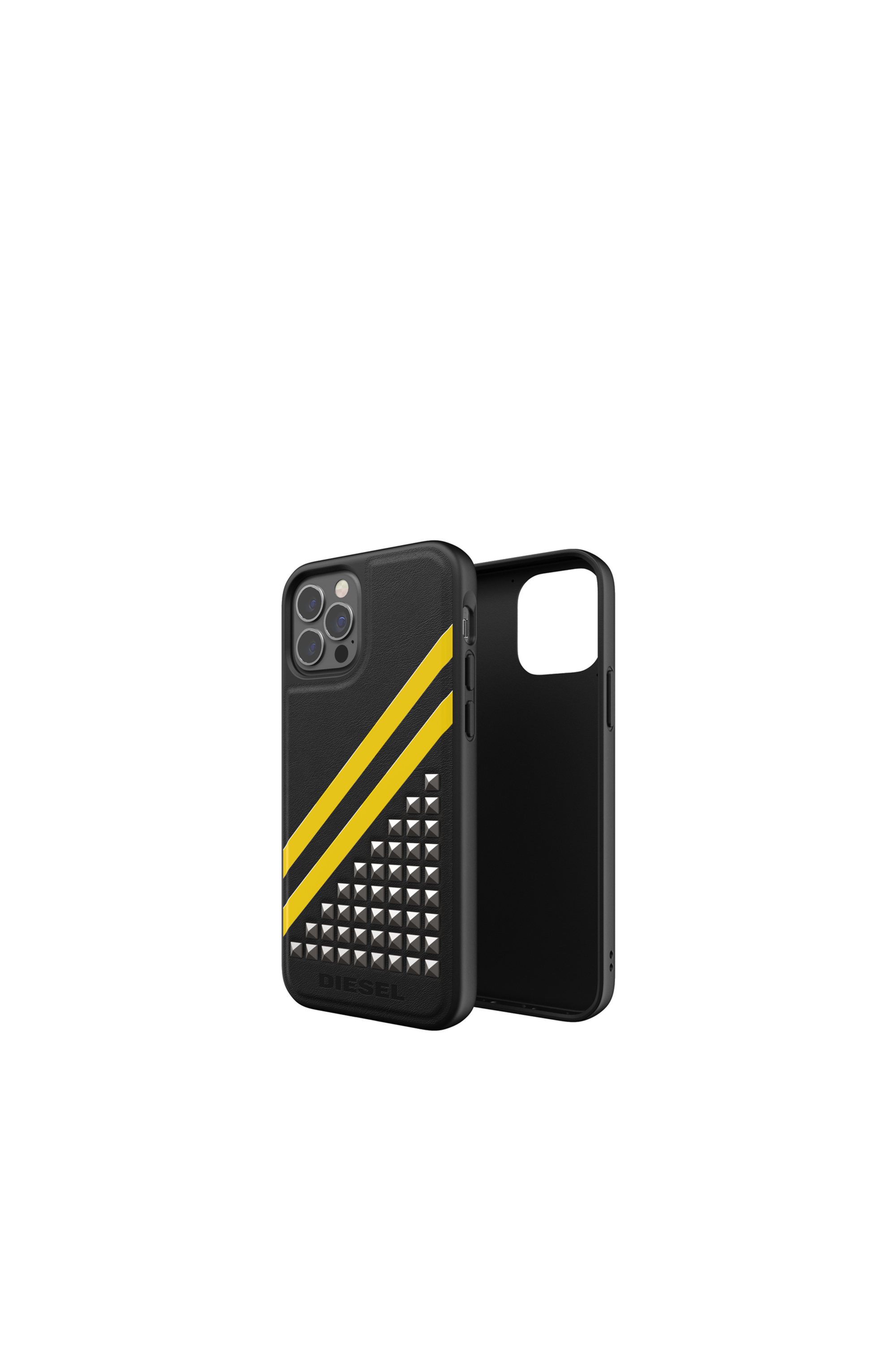 Diesel - 44285  STANDARD CASES, Unisex's Moulded case premium leather for iPhone 12 / 12 Pro in Black/Yellow - 1