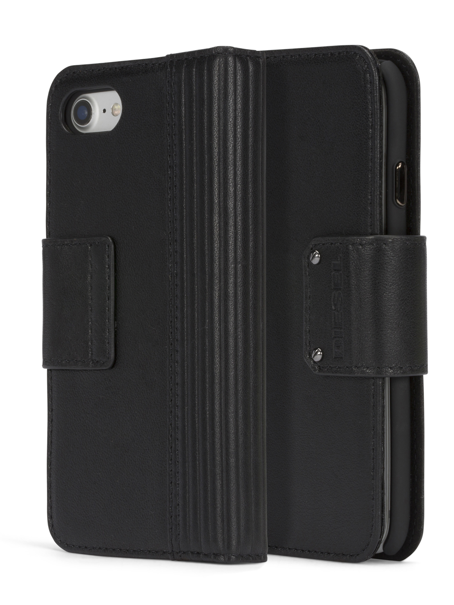 Diesel - BLACK LINED LEATHER IPHONE 8 PLUS/7 PLUS FOLIO, Unisex's Black leather folio, iPhone 8 Plus/7 Plus in Black - 3