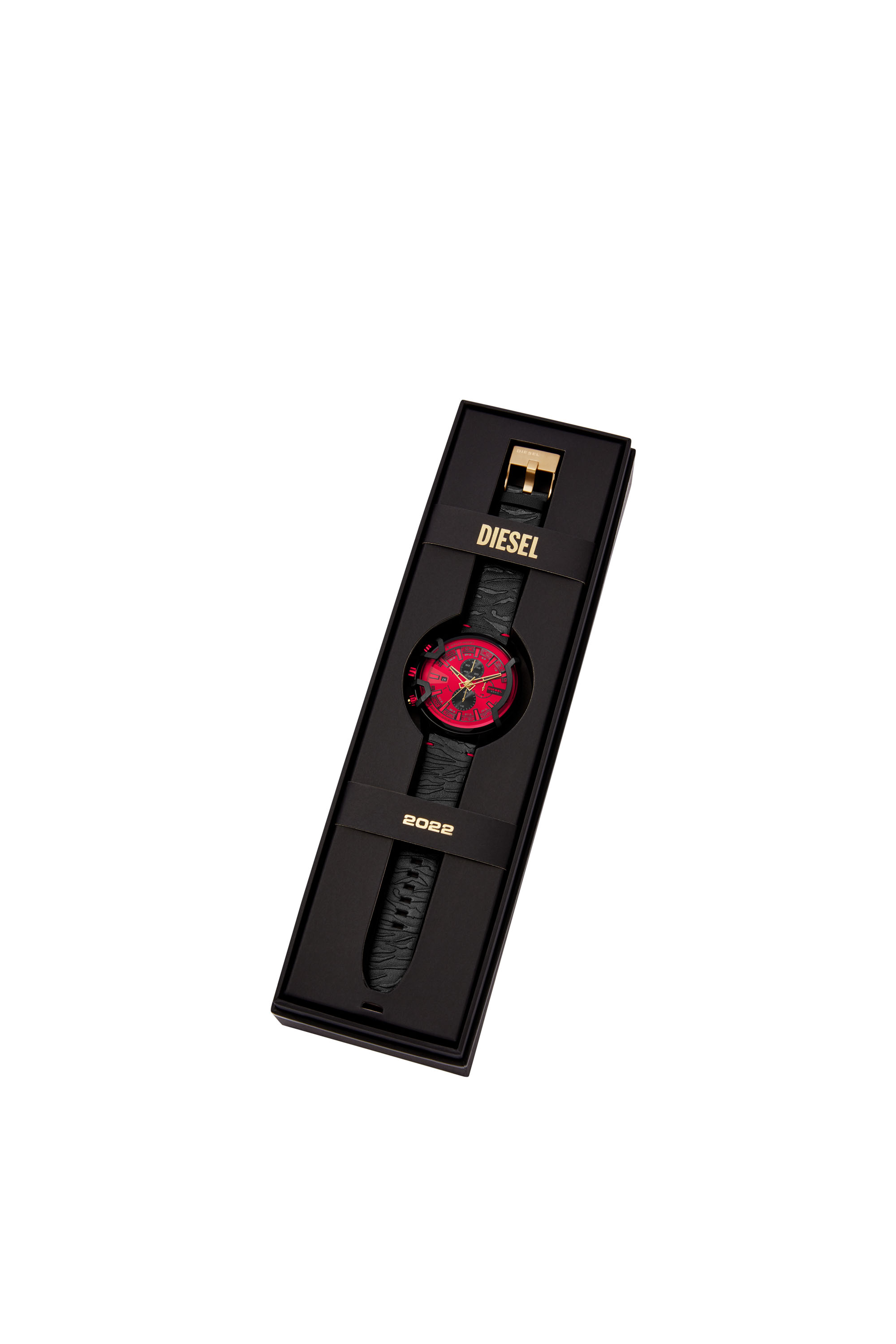 Diesel - DZ4583, Man's Griffed Chronograph Leather Watch in Black/Red - 4