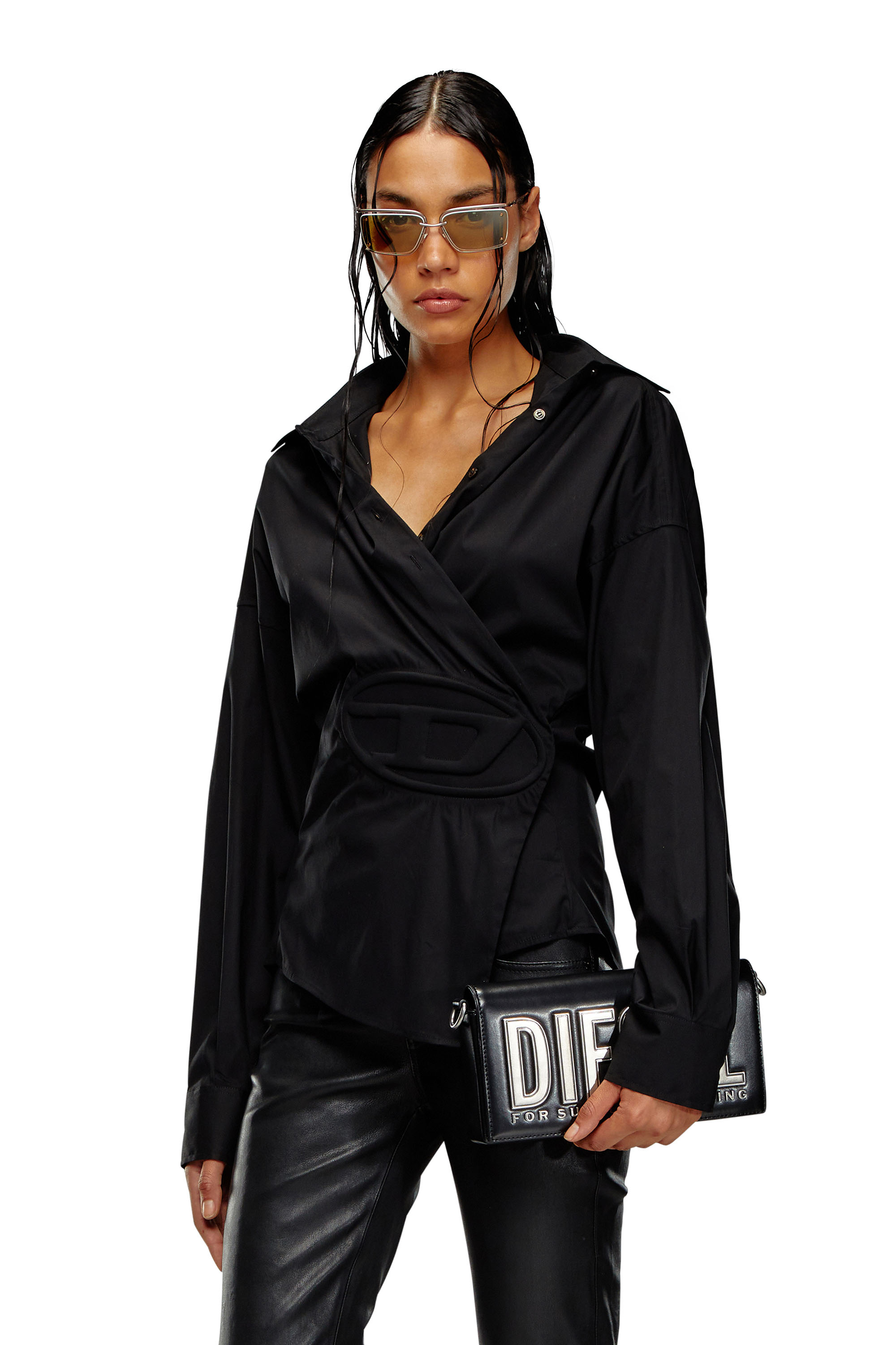 Diesel - C-SIZ-N1, Woman's Wrap shirt with embossed logo in Black - 1
