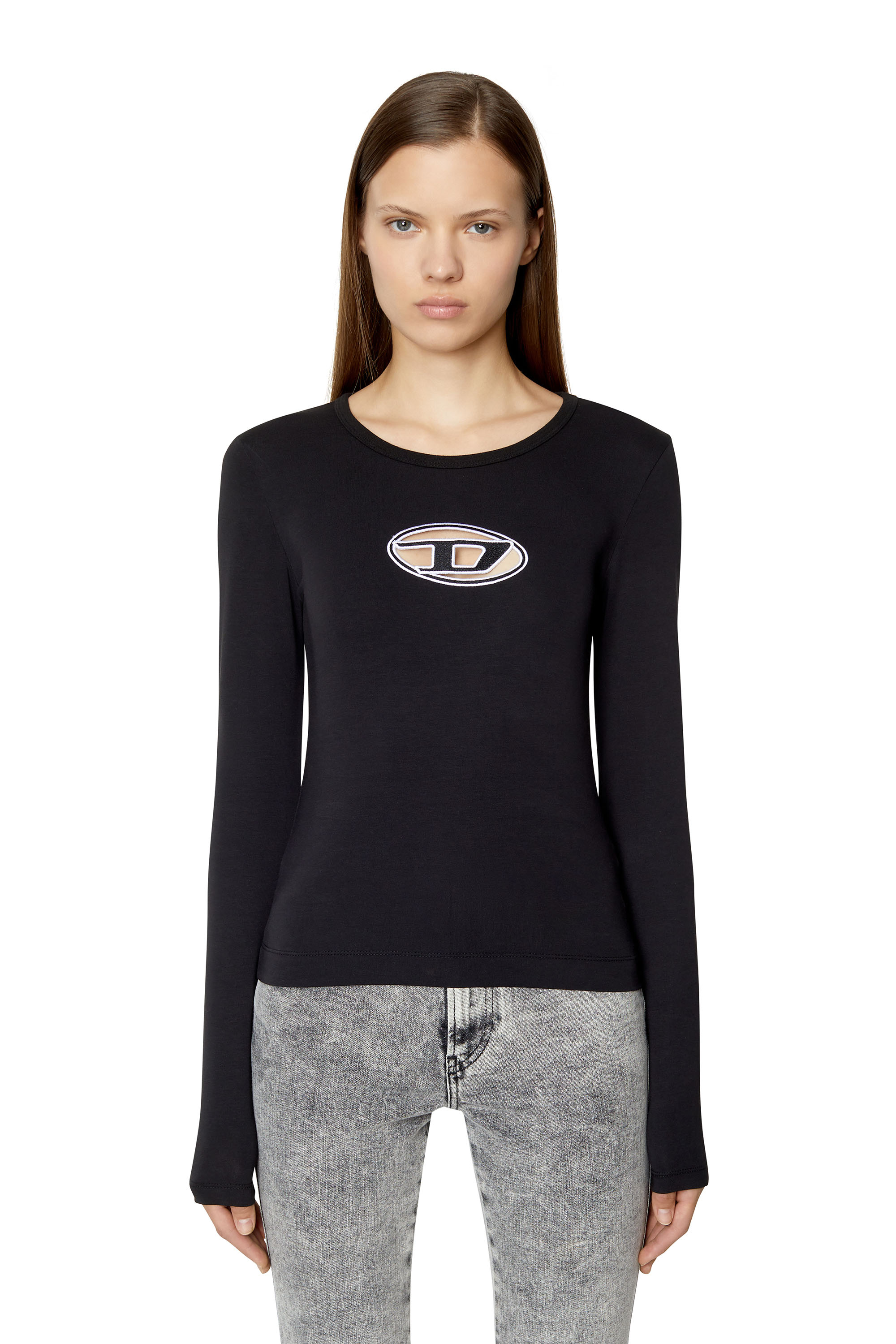 Diesel - T-ANGIE-LS, Woman's Long-sleeve T-shirt with cut-out logo in Black - 1