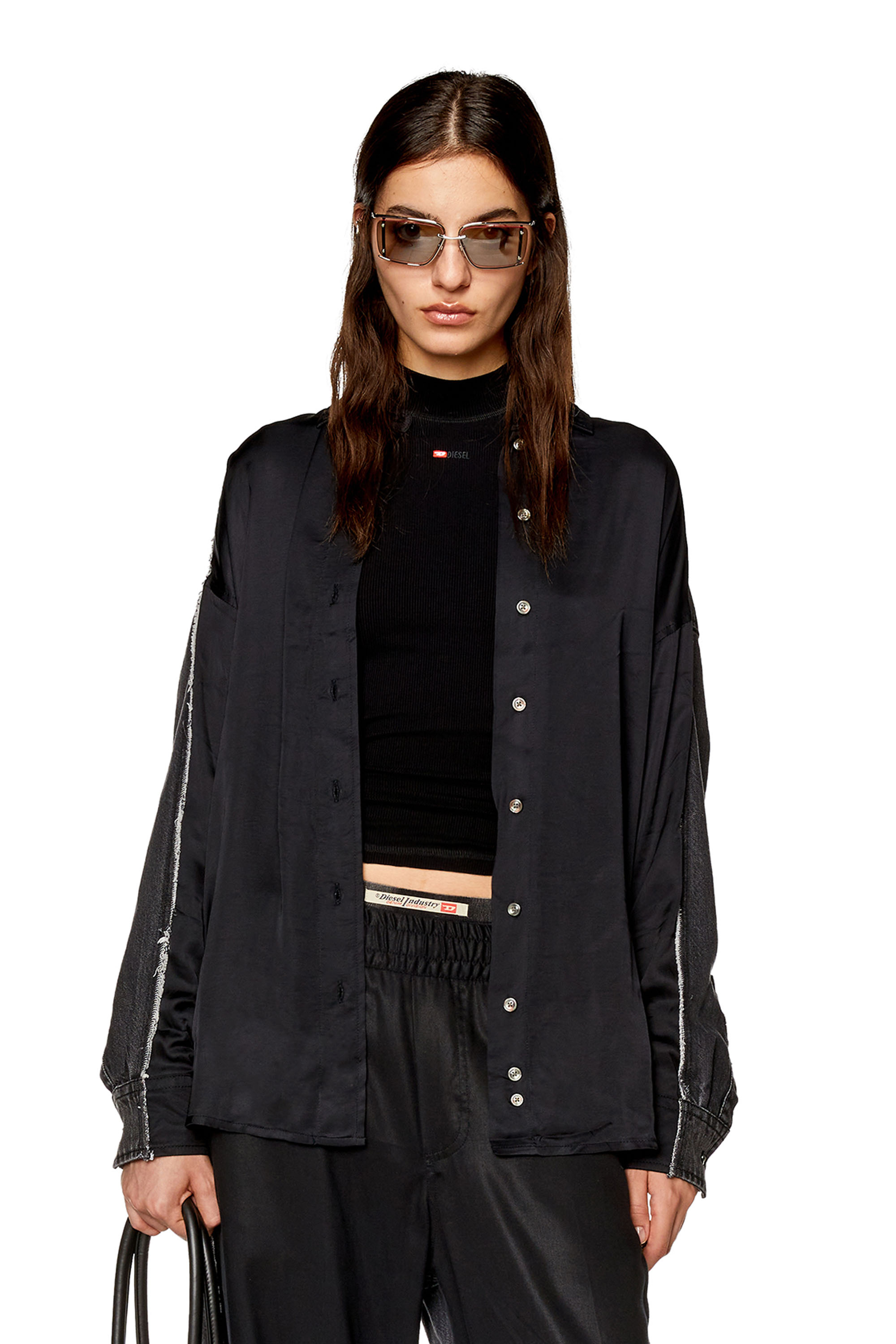 Diesel - S-DOU-DNM-FL, Woman's Shirt in satin and denim in Black - 1