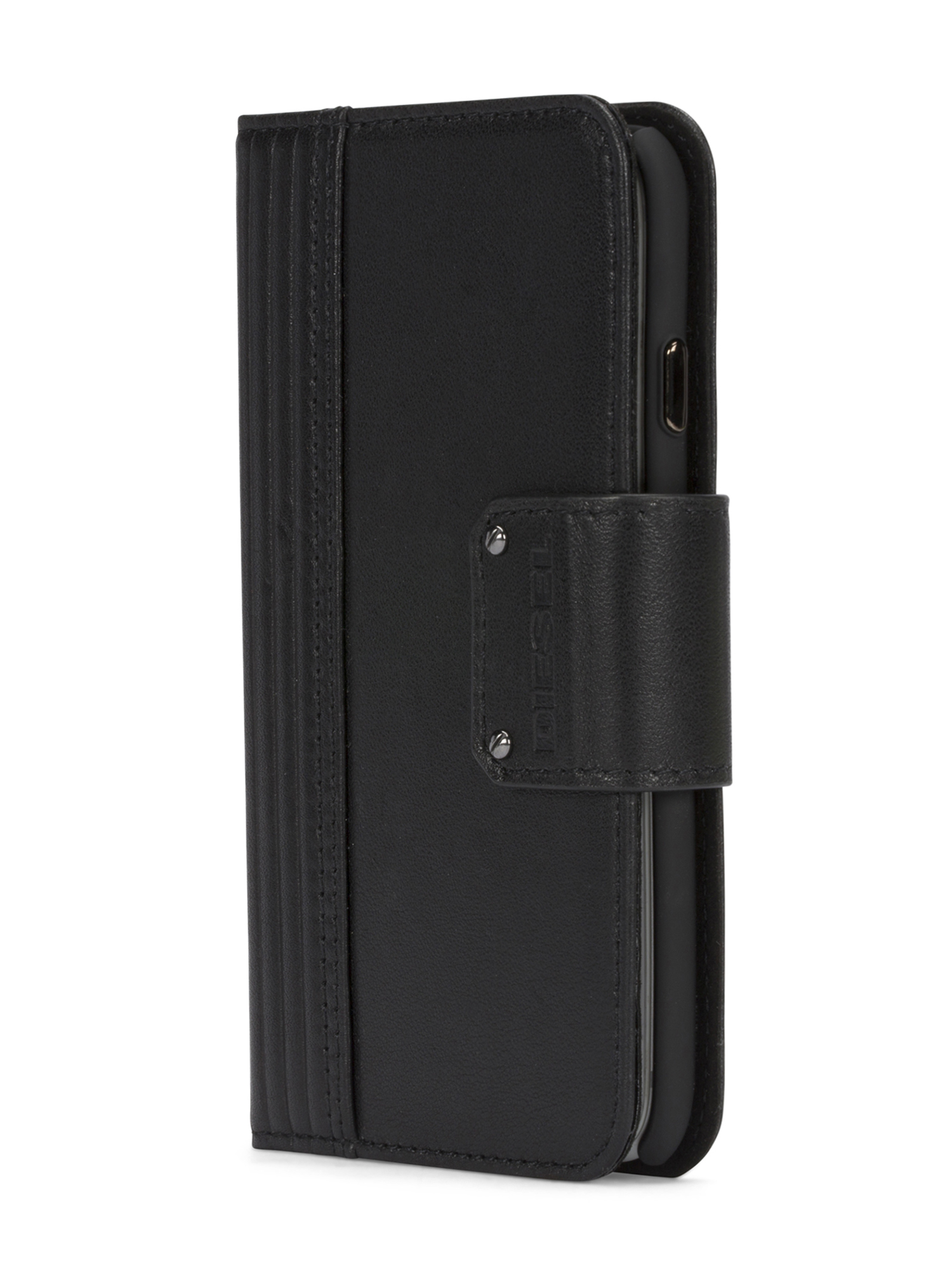 Diesel - BLACK LINED LEATHER IPHONE 8 PLUS/7 PLUS FOLIO, Unisex's Black leather folio, iPhone 8 Plus/7 Plus in Black - 2