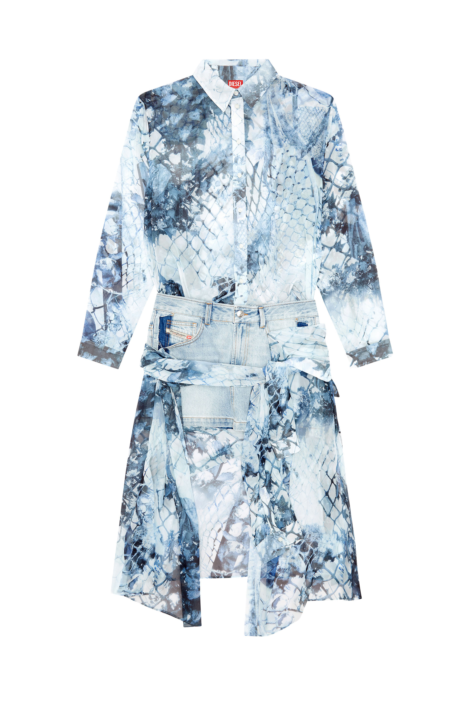 Diesel - D-JEANIEL, Woman's Short shirt dress in chiffon and denim in Light Blue - 3