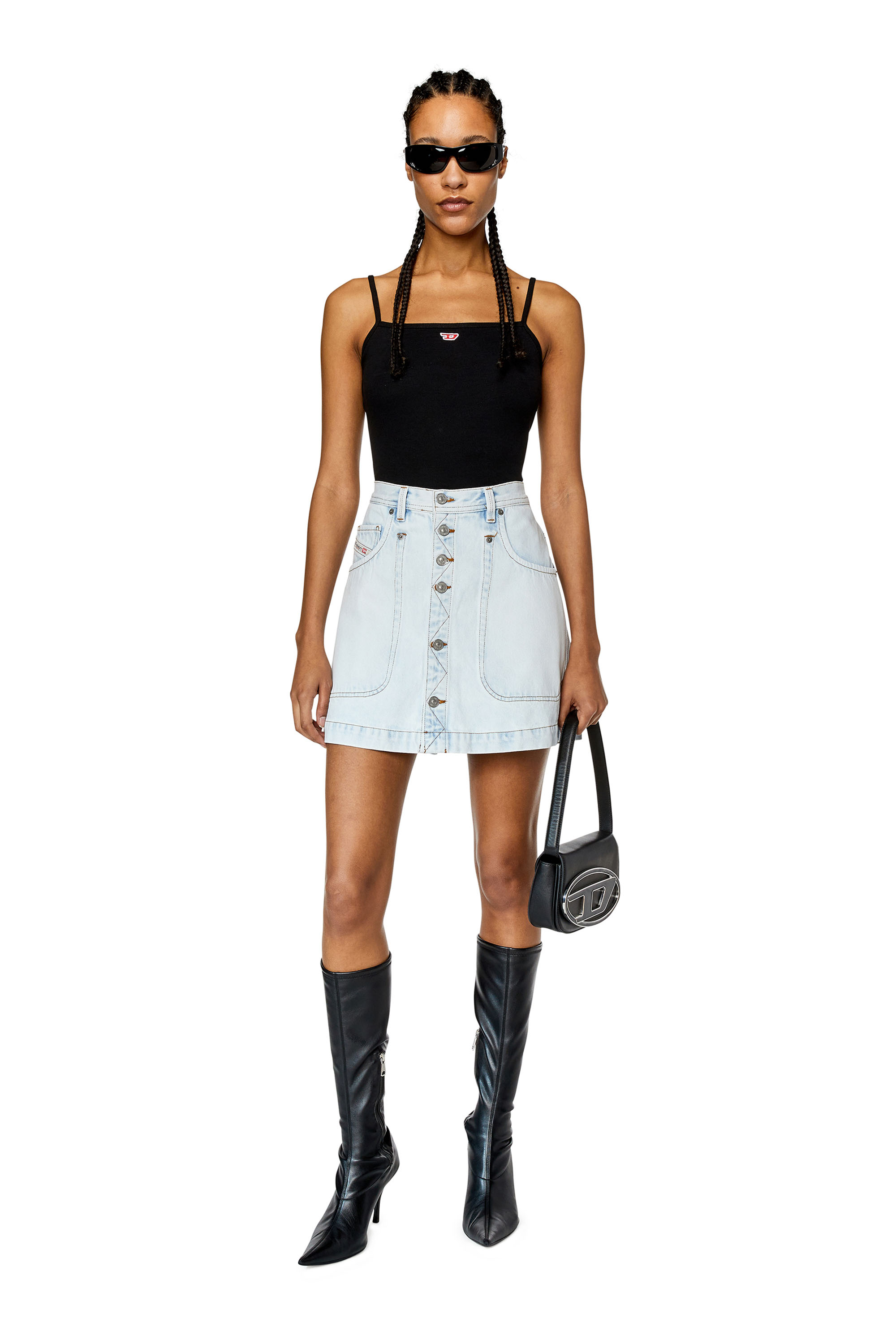 Diesel - DE-ALBUS, Woman's A-line mini skirt in denim in Light Blue - 2