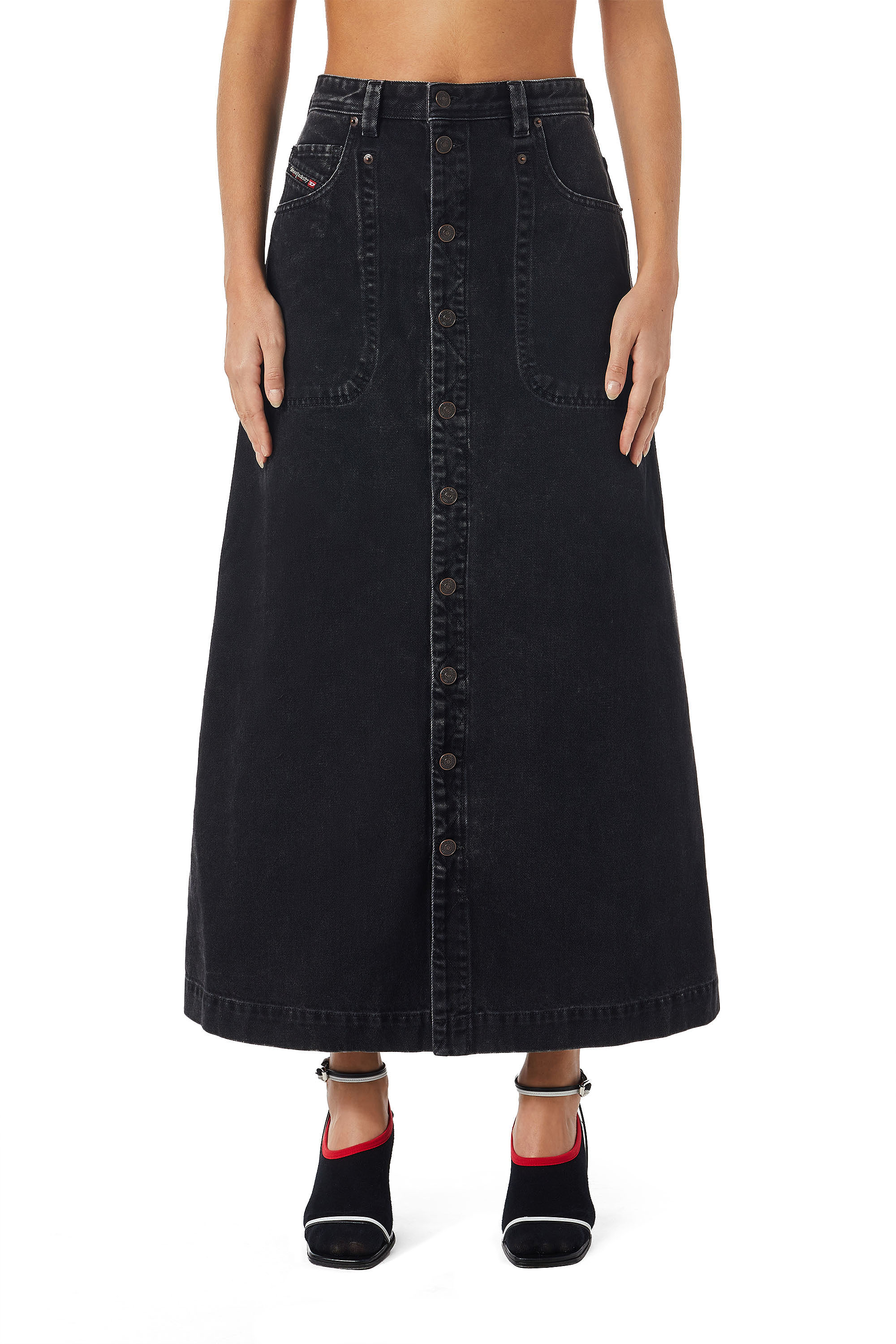 Diesel - DE-ALBUS-L A-LINE LONG SKIRT, Woman's A-line skirt in denim in Black/Dark grey - 1