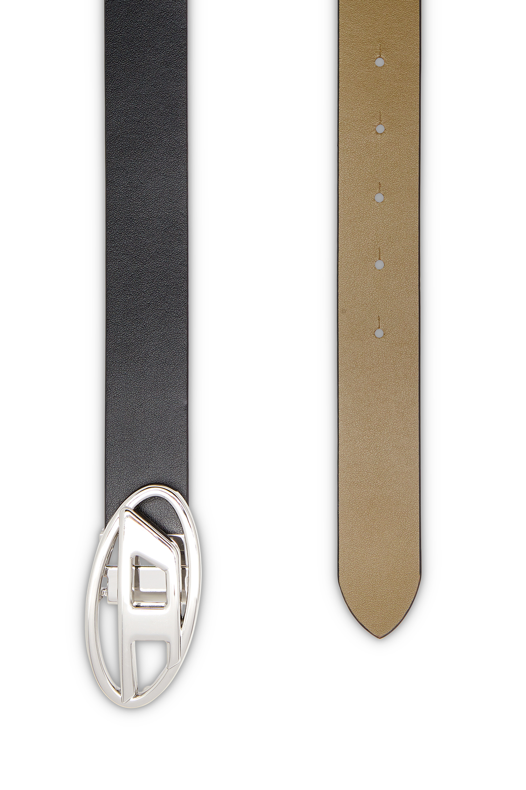 Diesel - B-1DR W REV II 30, Woman's 3cm reversible leather belt with Oval D buckle in Black/Green - 2