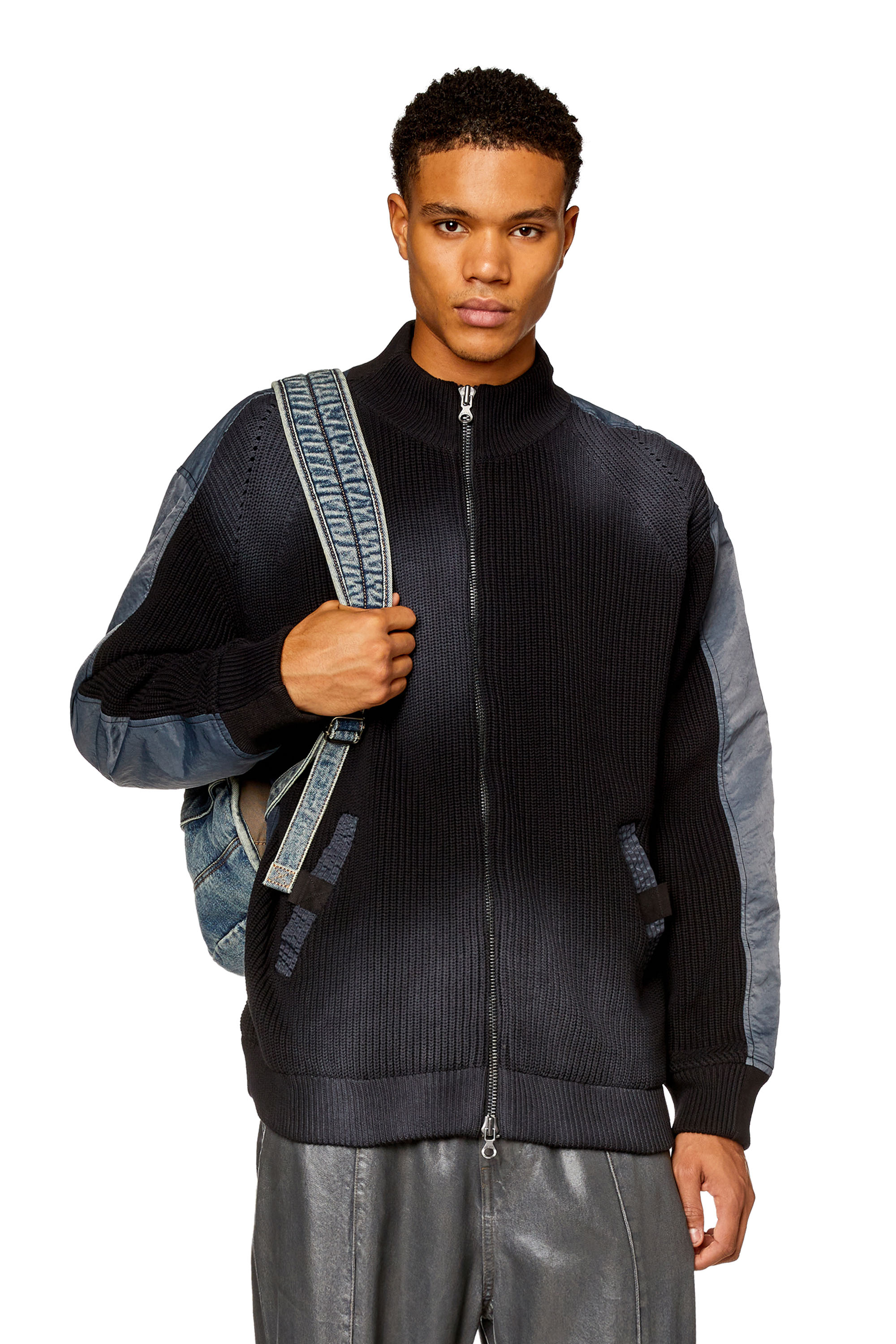 Diesel - K-OSWIN, Man's Padded knit and nylon bomber jacket in Black/Blue - 1