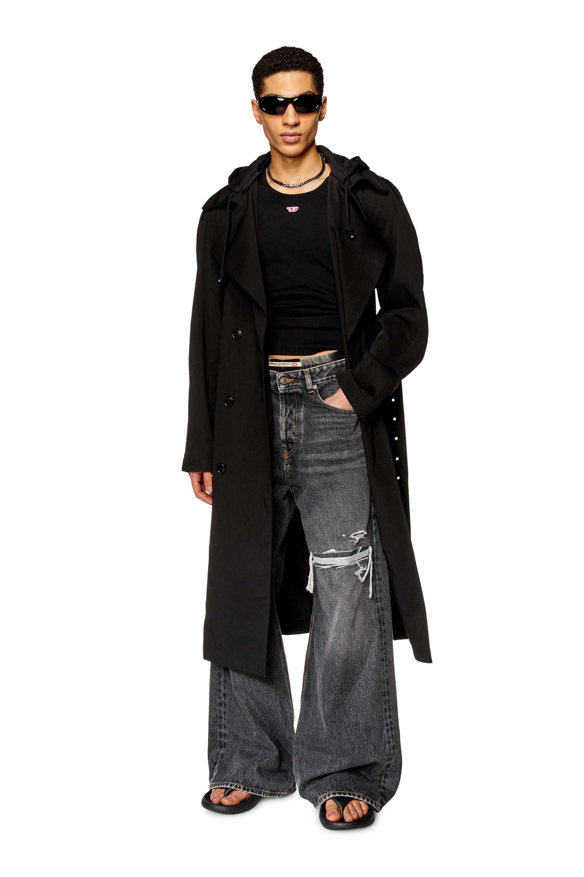 Diesel - J-MATTHEW, Man's Trench in nylon twill with hood in Black - 1