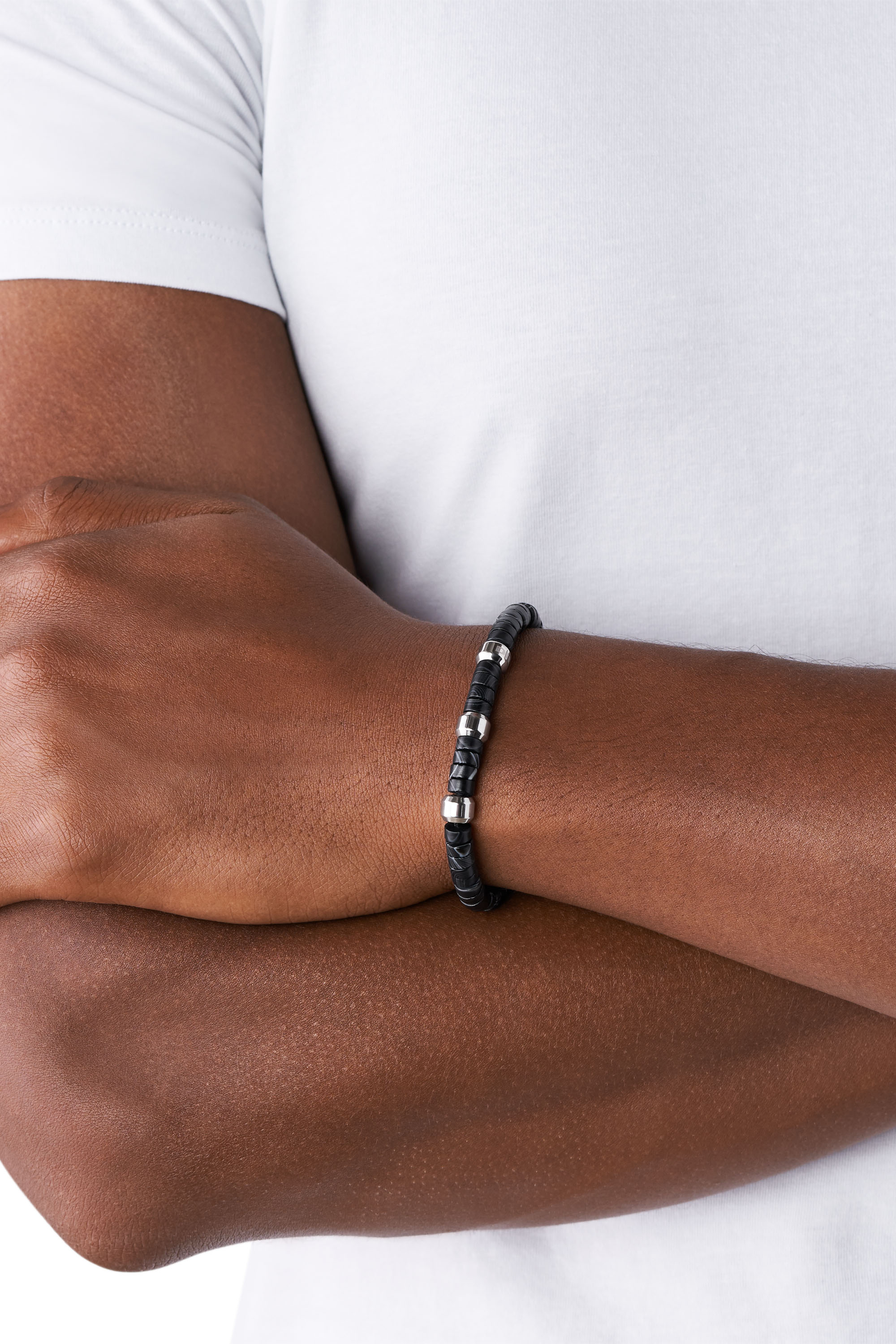 Diesel - DX1121, Man's Agate beads bracelet with steel rondels in Black - 2
