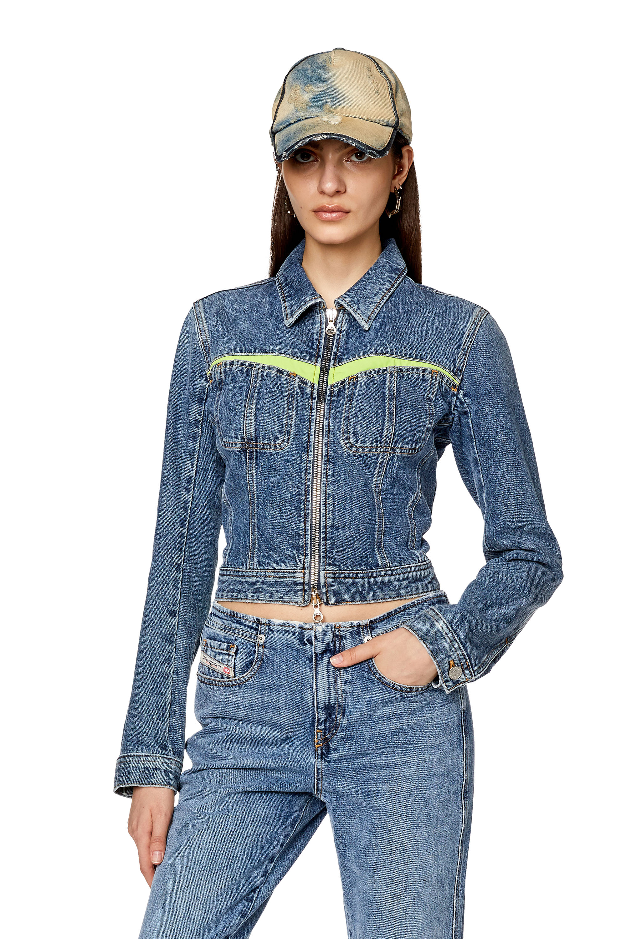 Diesel - DE-SIMMY-HS-S, Woman's Slim-fit panelled trucker jacket in Medium blue - 1