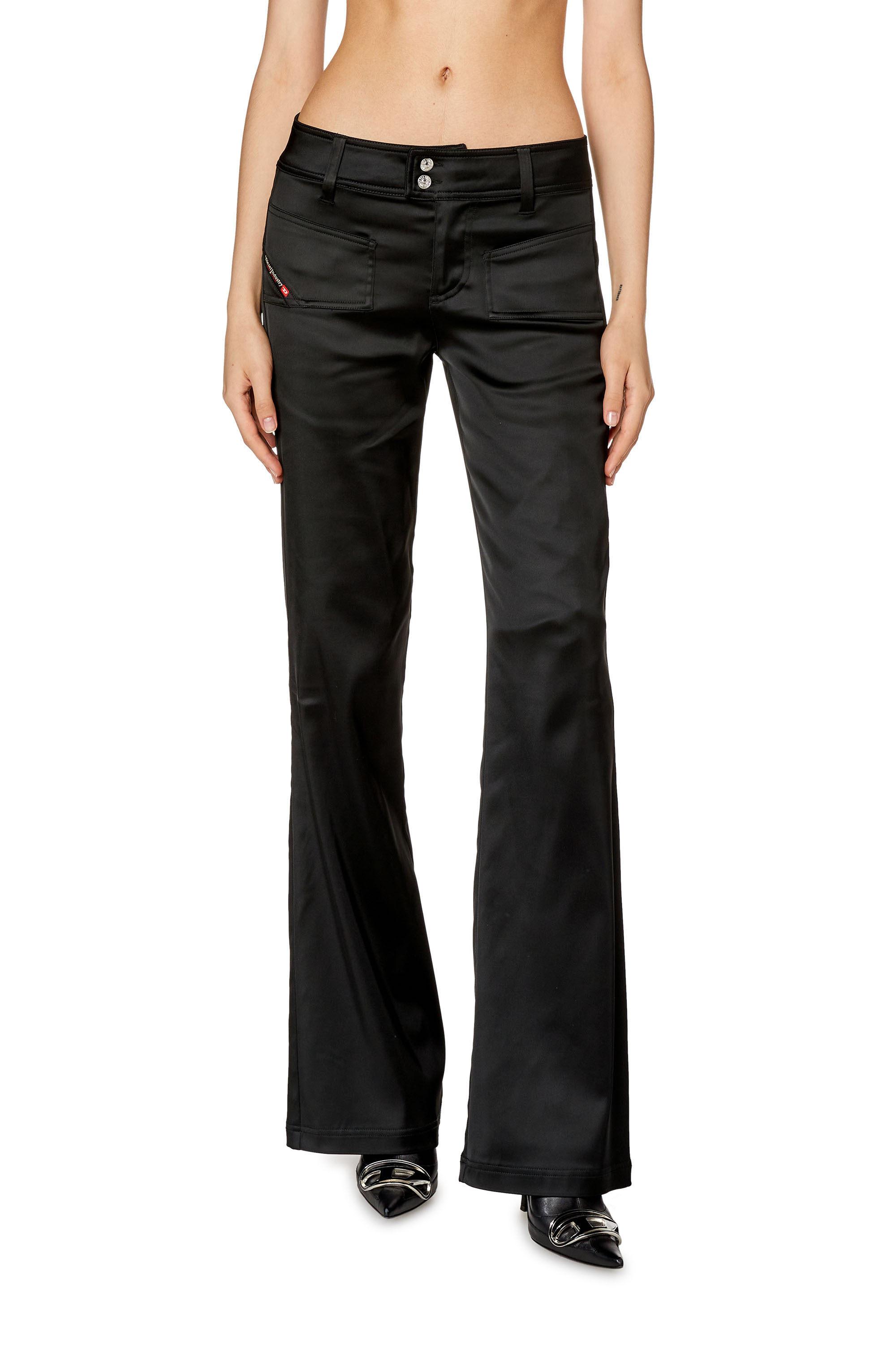 Diesel - P-STELL, Woman's Flared pants in shiny stretch satin in Black - 1