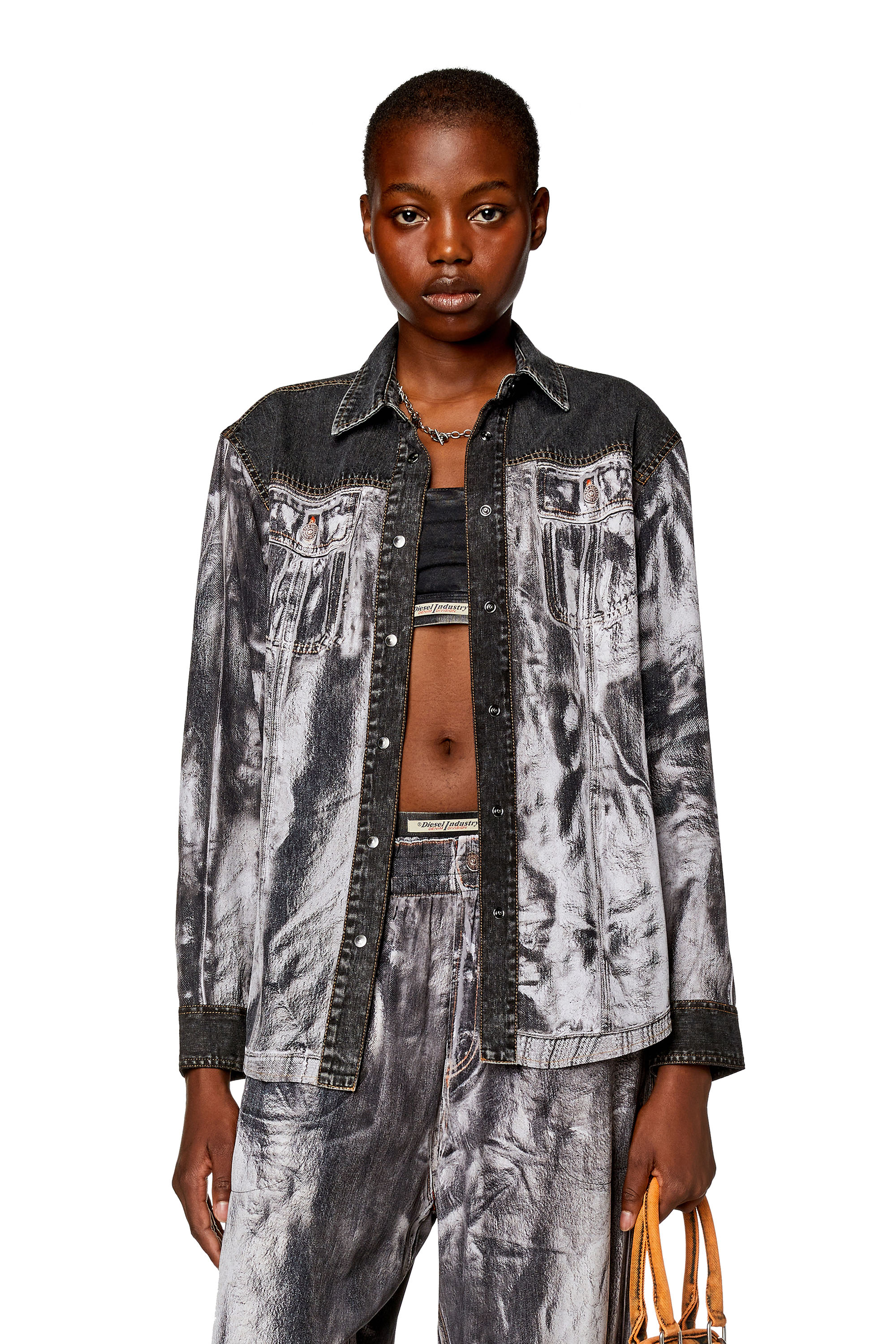 Diesel - C-GILLY-A, Woman's Shirt in denim and viscose in Black/Grey - 1