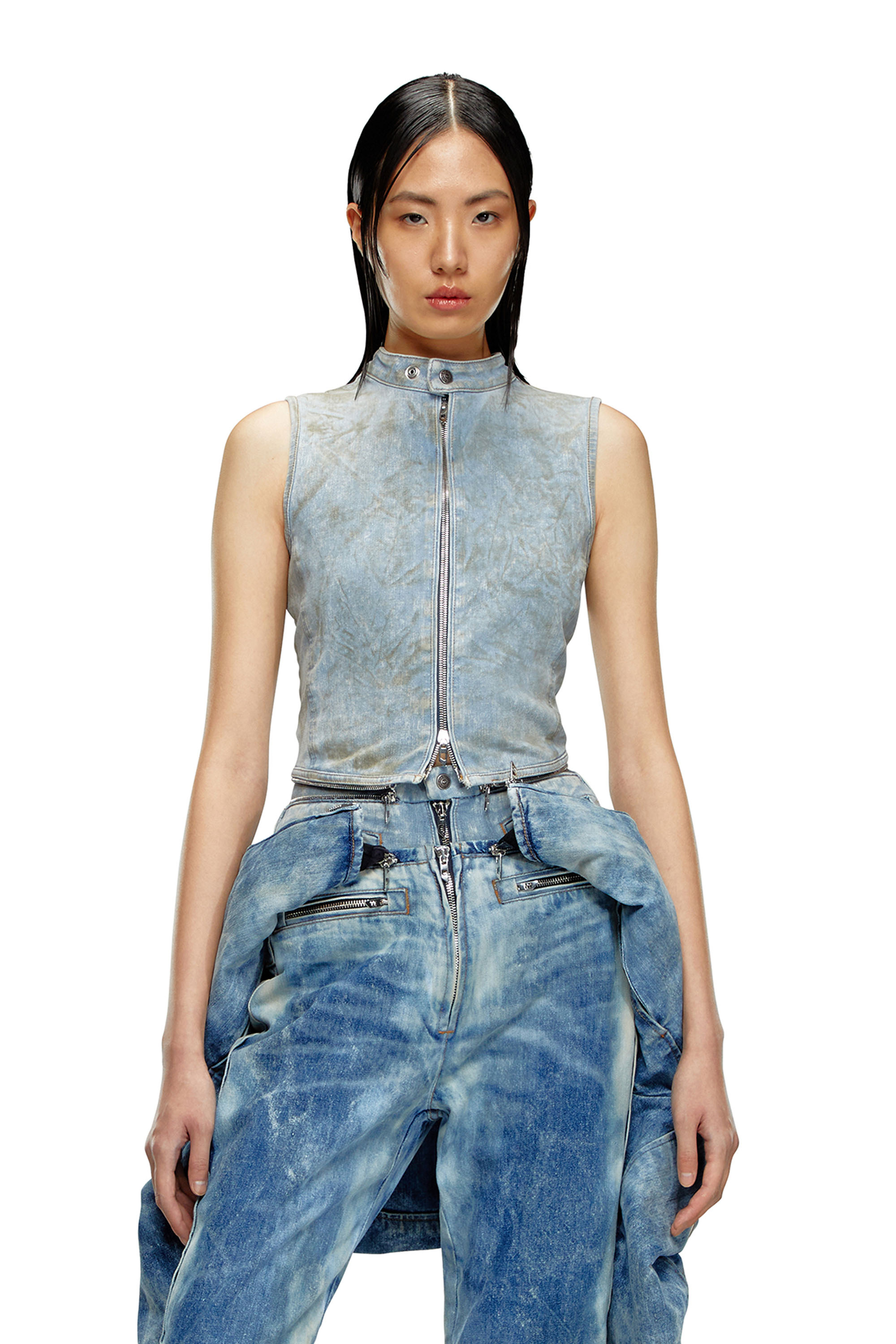 Diesel - DE-NATA-FSE, Woman's Second-skin denim top with biker details in Light Blue - 1