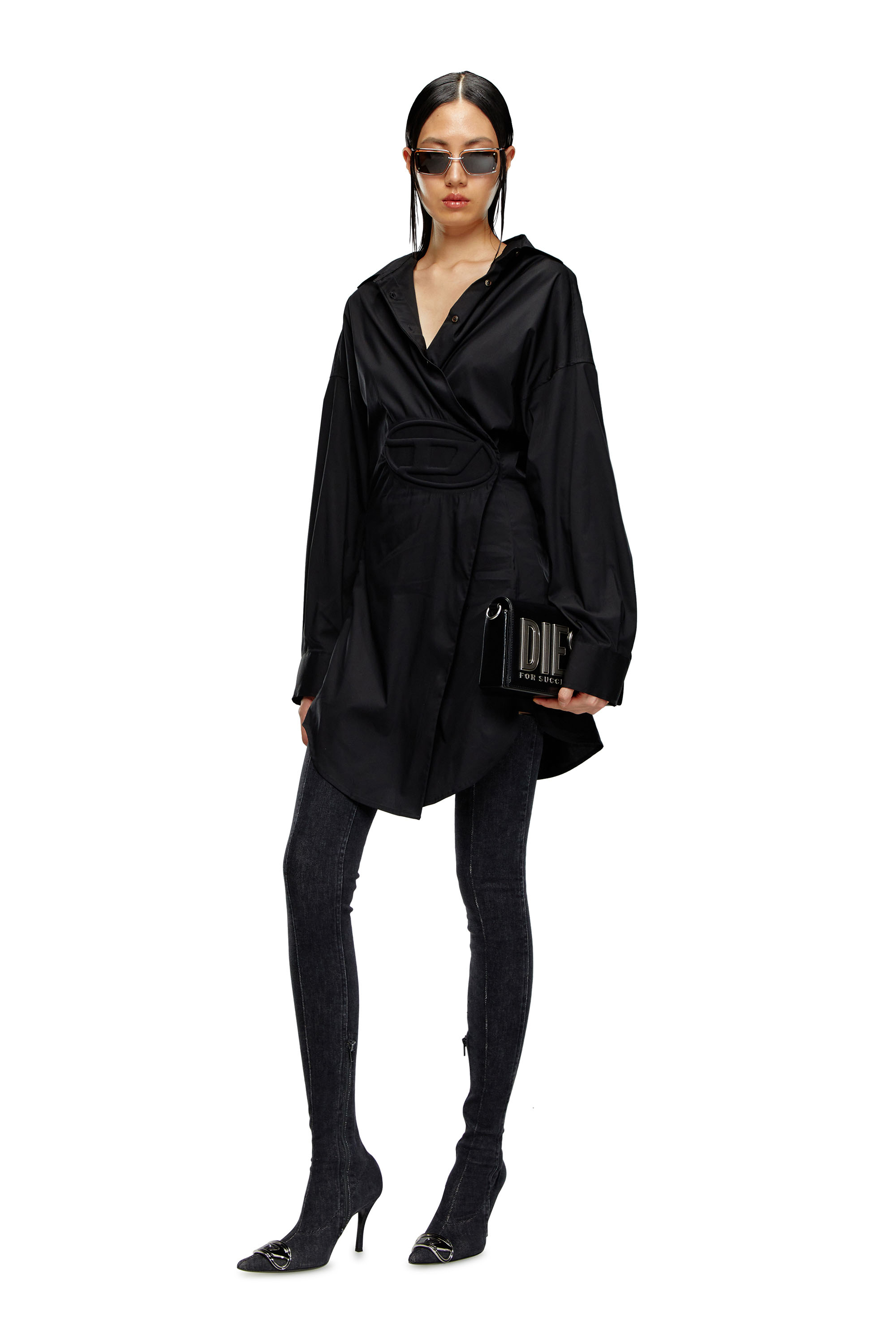 Diesel - D-SIZEN-N1, Woman's Short shirt dress in stretch poplin in Black - 1