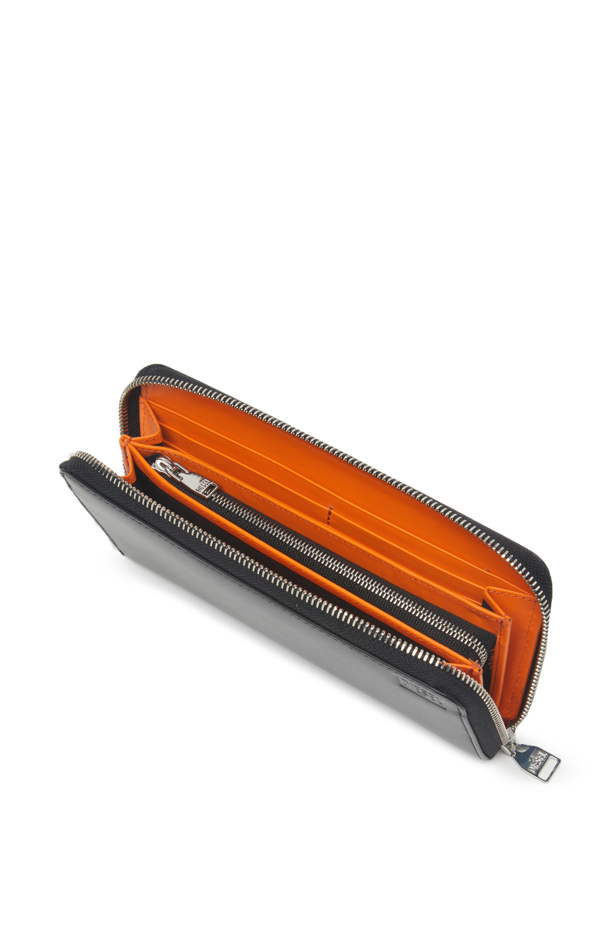 Diesel - CONTINENTAL ZIP L, Man's Long zip wallet in two-tone leather in Black/Orange - 3