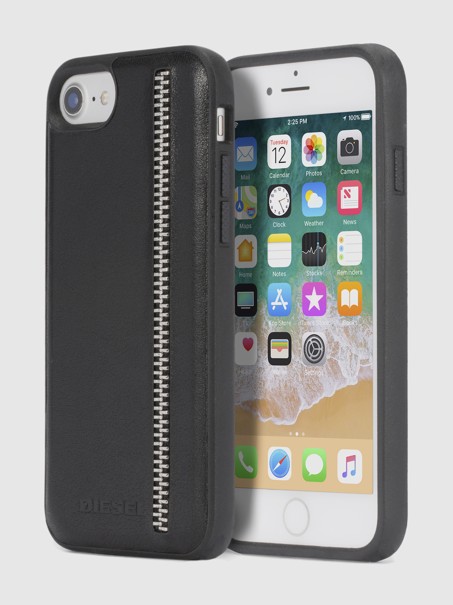 Diesel - ZIP BLACK LEATHER IPHONE 8 PLUS/7 PLUS/6s PLUS/6 PLUS CASE, Unisex's Zip case, iPhone 8 Plus/7 Plus/6s Plus/6 Plus in Black - 1