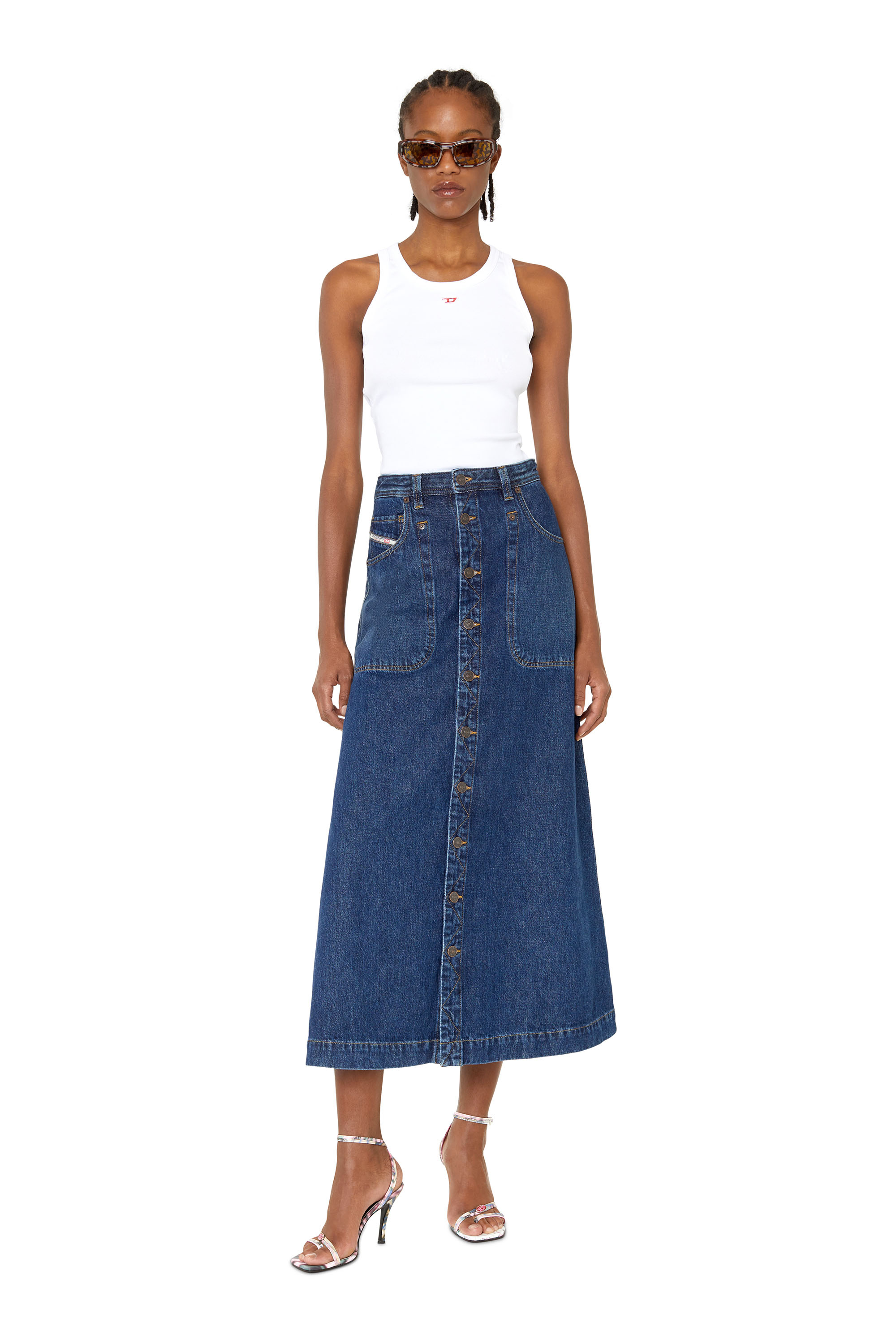 Diesel - DE-ALBUS-L A-LINE LONG SKIRT, Woman's A-line skirt in denim in Dark Blue - 2