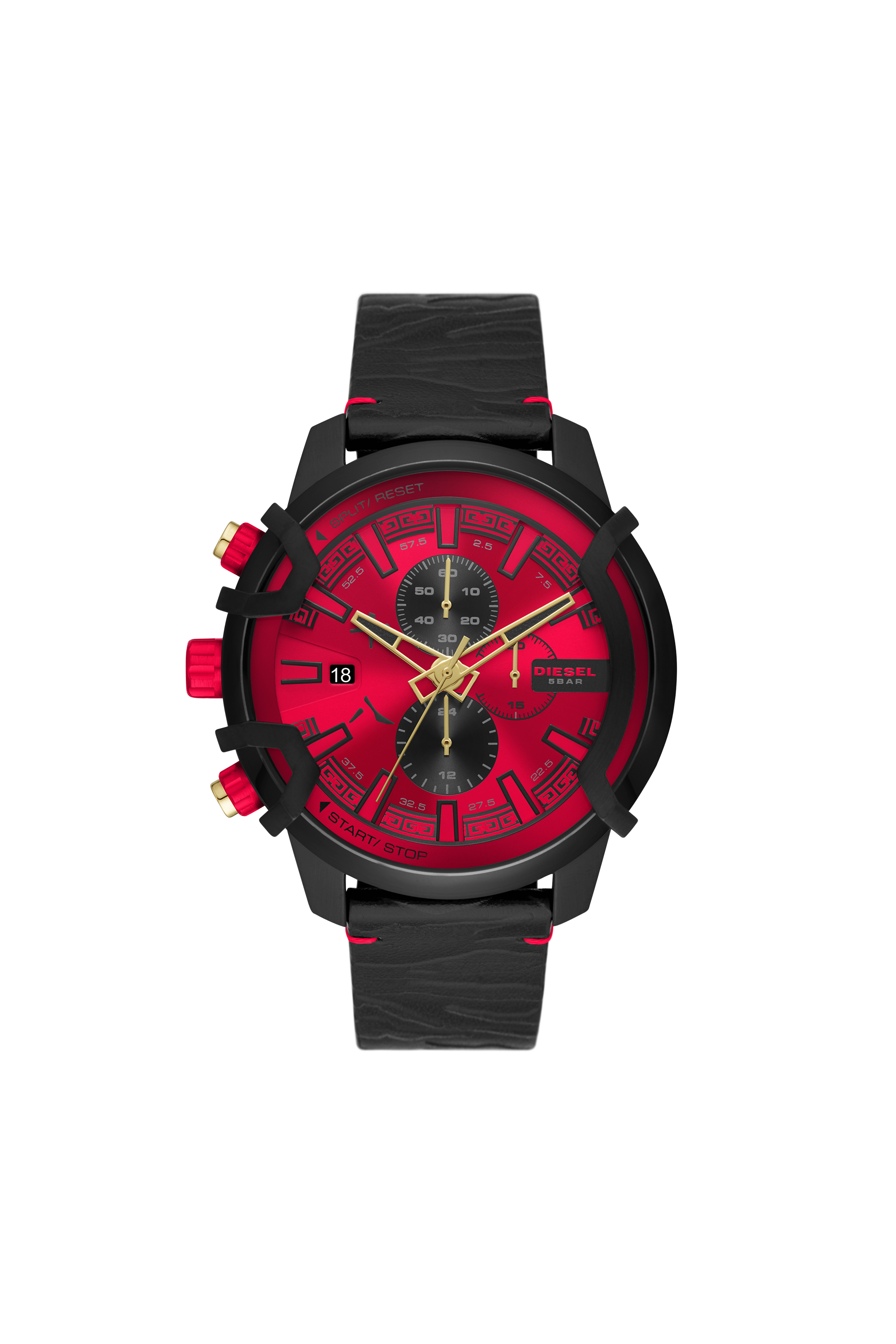 Diesel - DZ4583, Man's Griffed Chronograph Leather Watch in Black/Red - 1