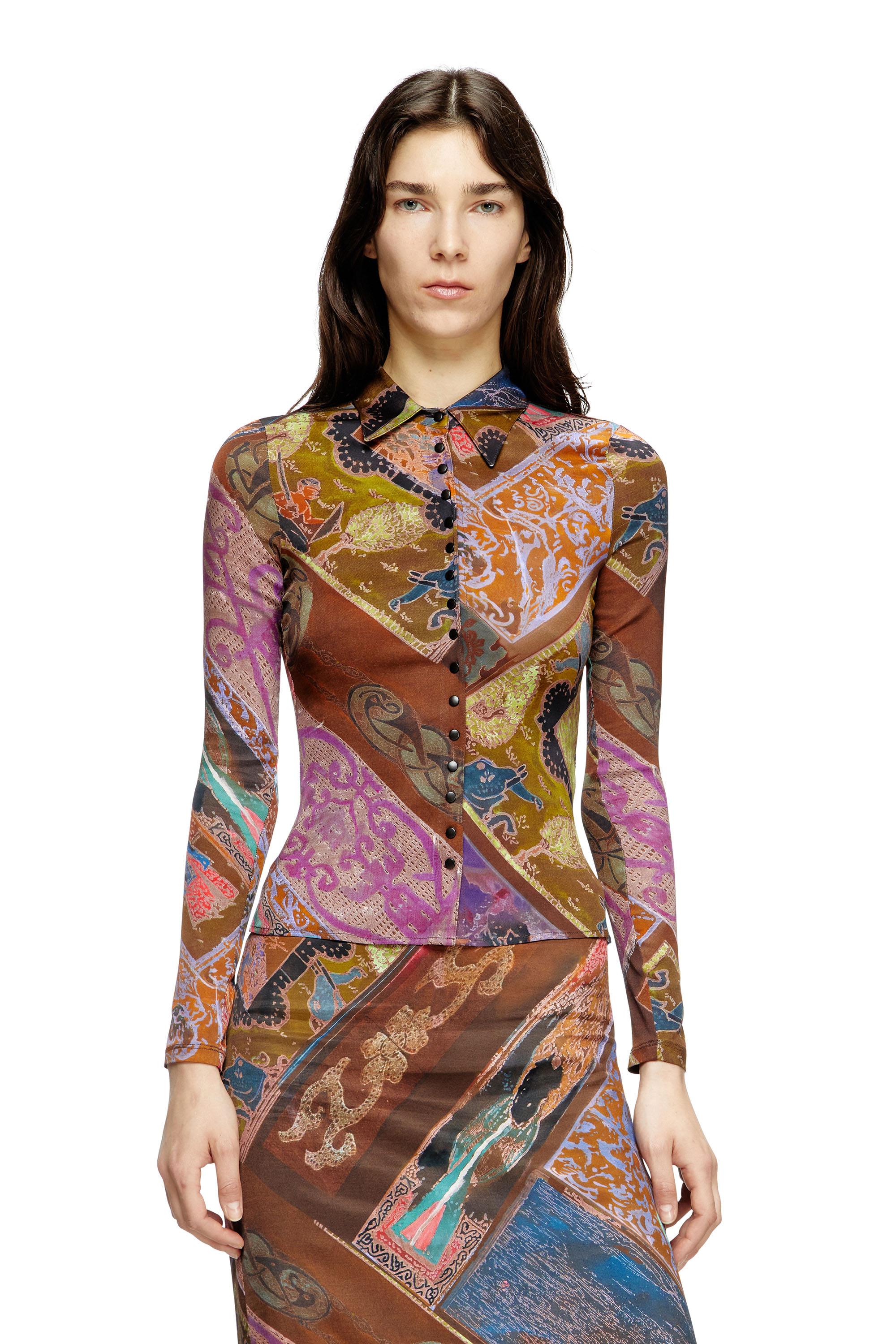 Diesel - C-AMELIA, Woman's Stretch-viscose shirt with Heraldic print in Brown - 1