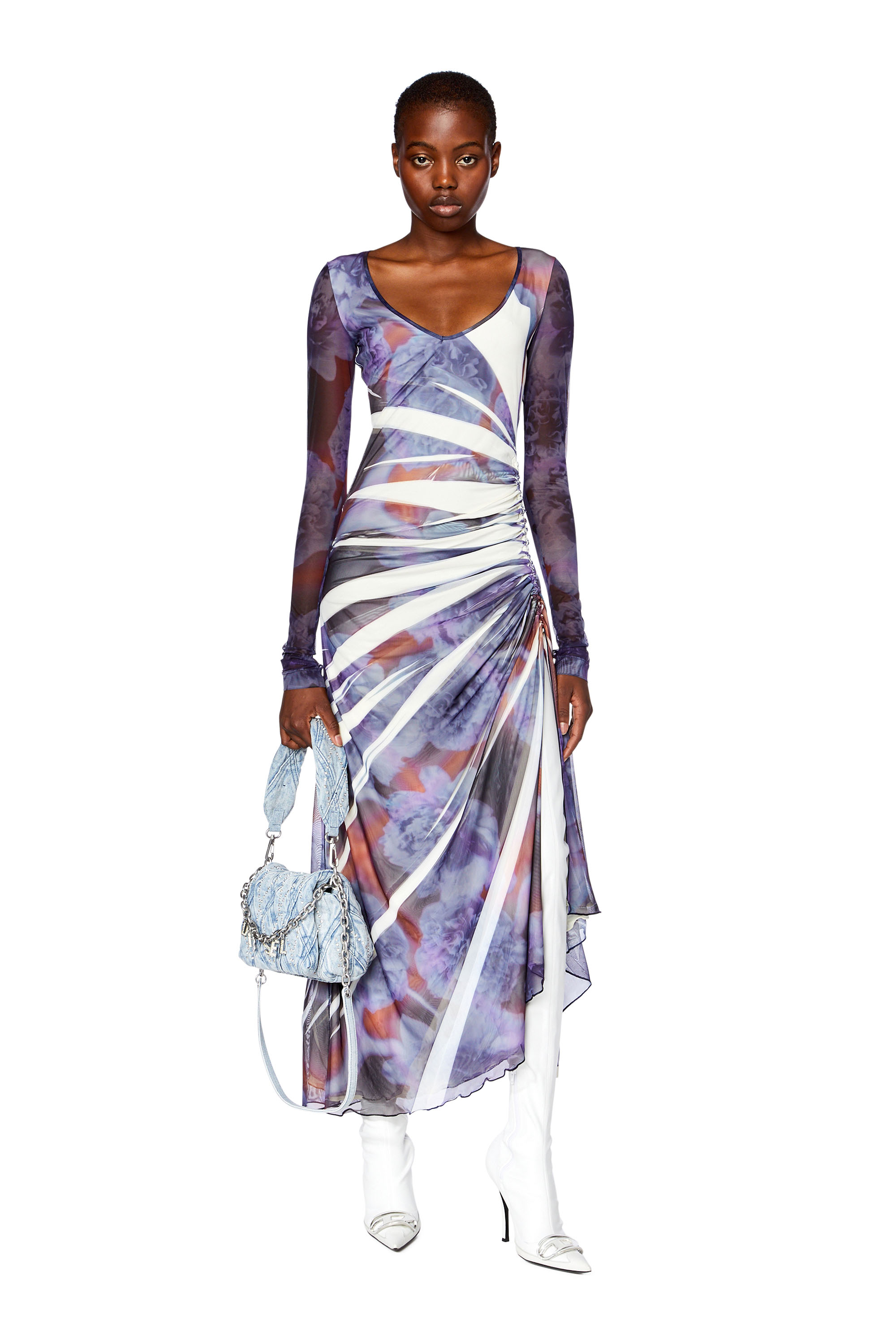 Diesel - D-ARIEN, Woman's Long dress in printed mesh in Blue - 1