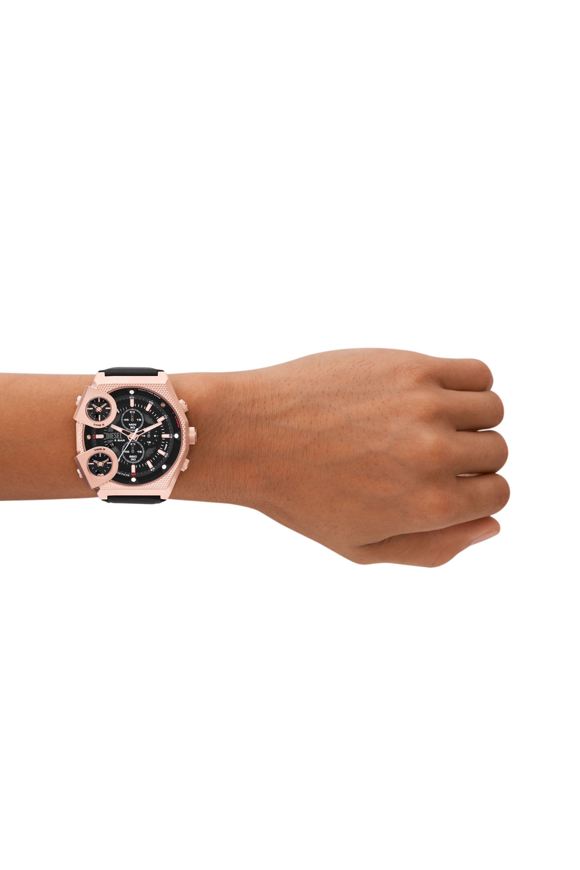 Diesel - DZ7475, Man's Sideshow Black Leather Watch in Black/Pink - 4