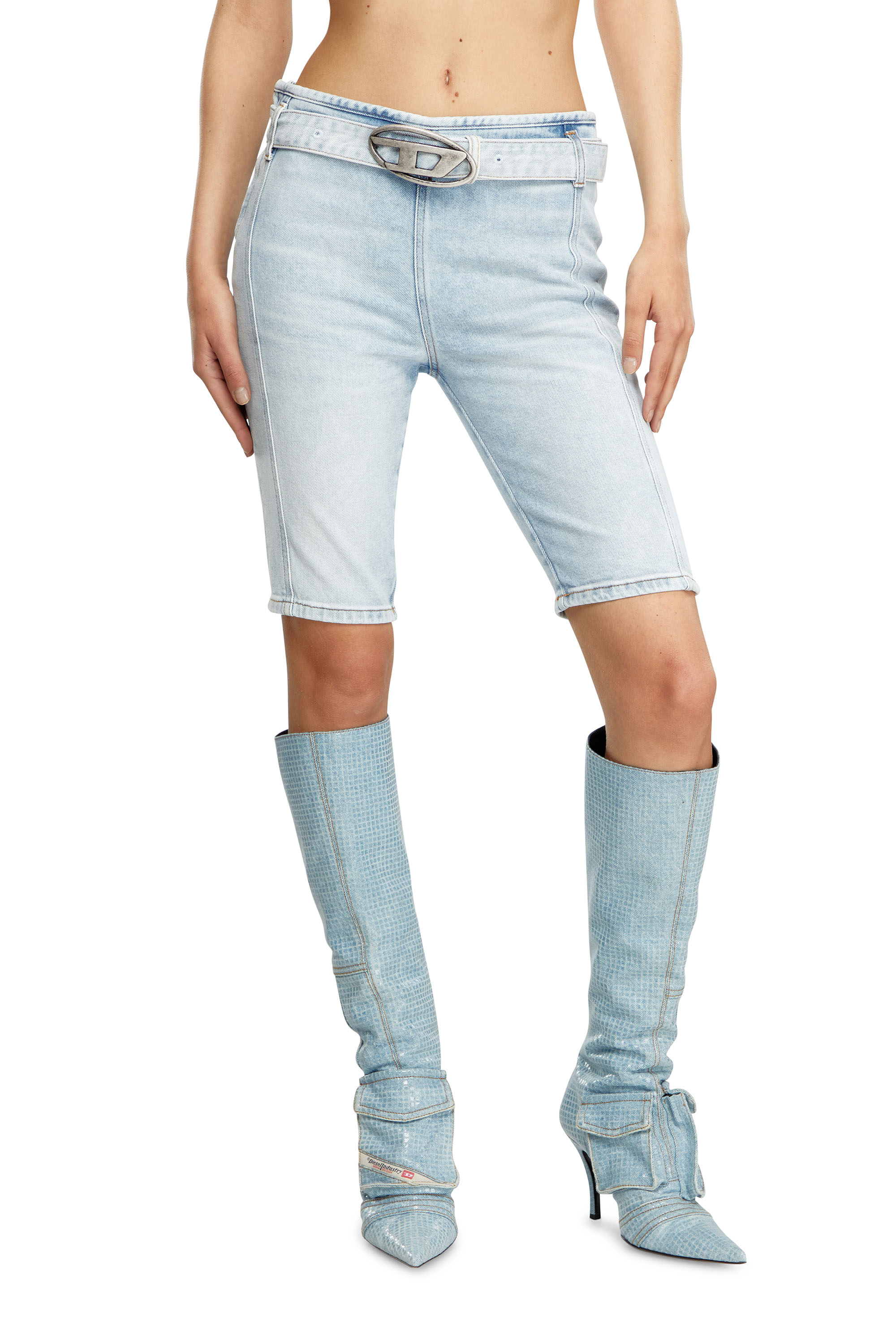 Diesel - DE-GINNY-S, Woman's Denim shorts with logo belt in Light Blue - 1