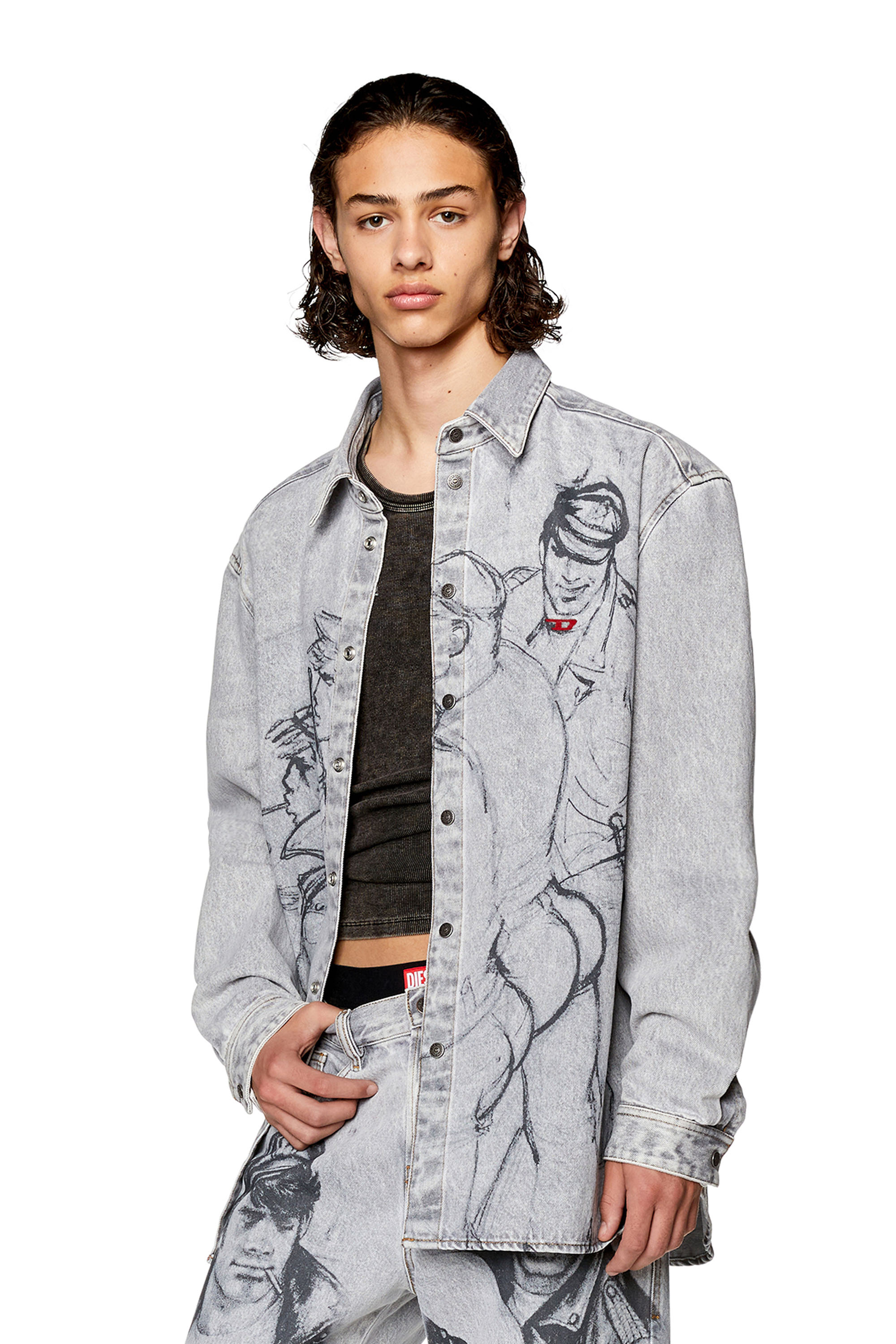 Diesel - PR-D-SIMPLY-OVER, Unisex's Denim shirt with sketch print in Light Grey - 2