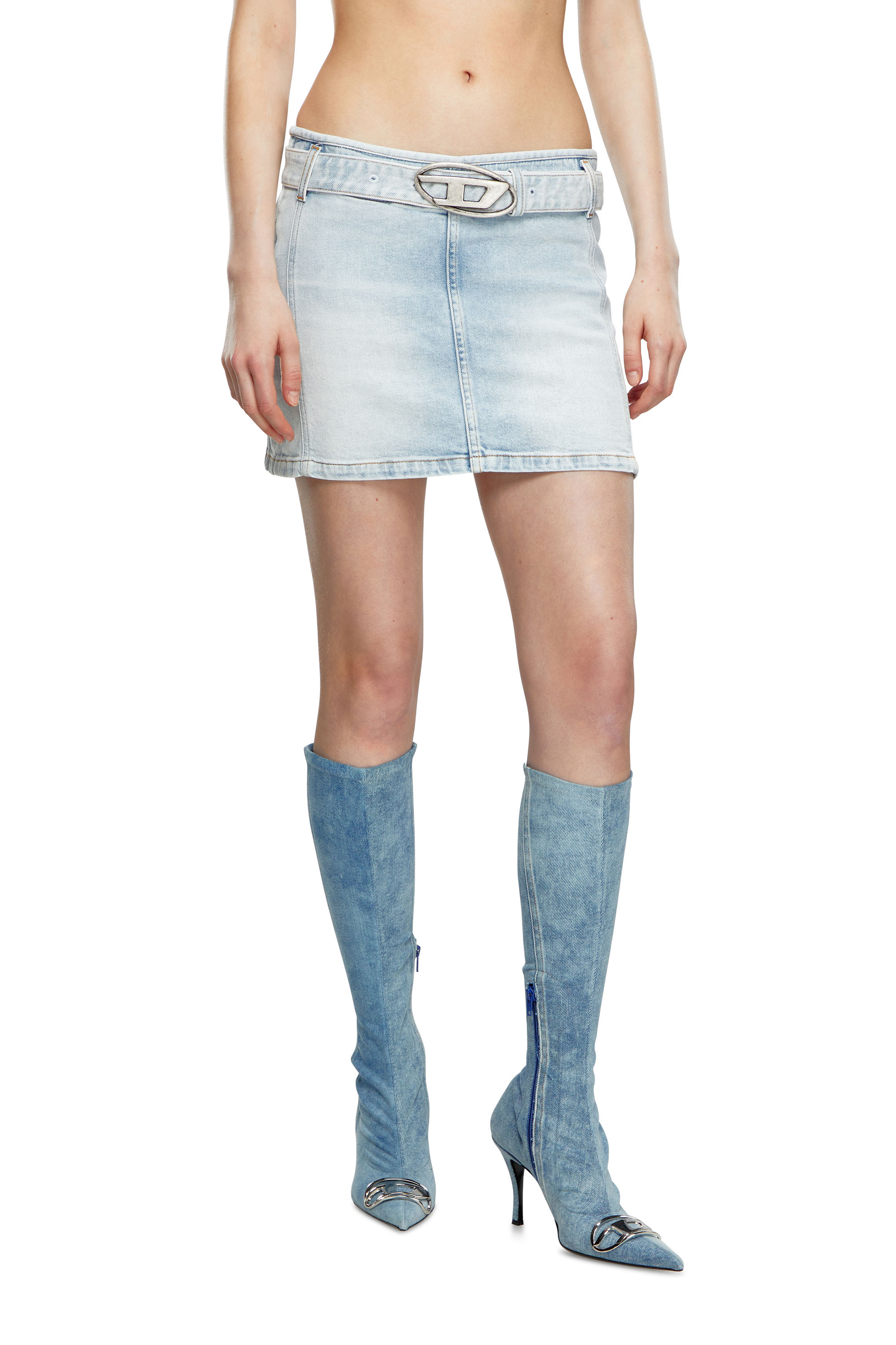Diesel - DE-FLIP-S, Woman's Denim mini skirt with logo belt in Light Blue - 1