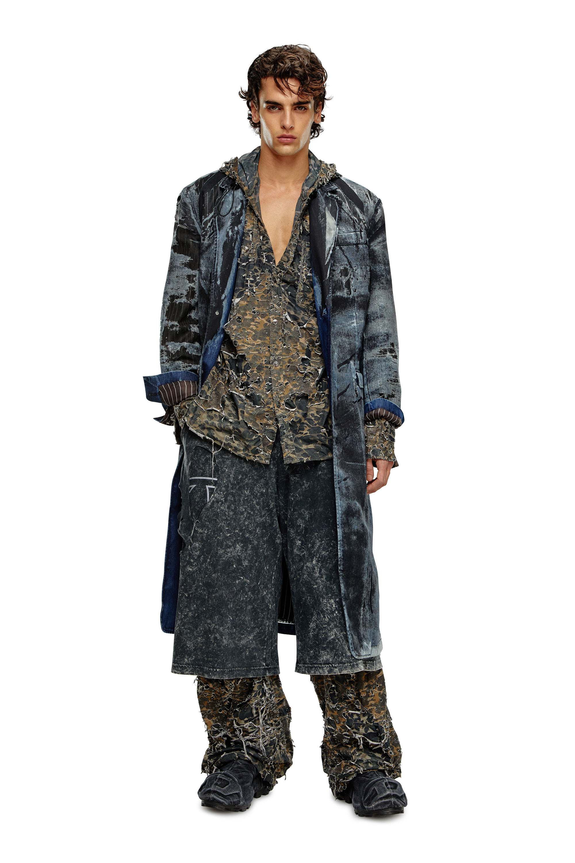 Diesel - D-BLA-LONG-DEV-FSE, Man's Coat in pinstriped devoré denim in Dark Blue - 1