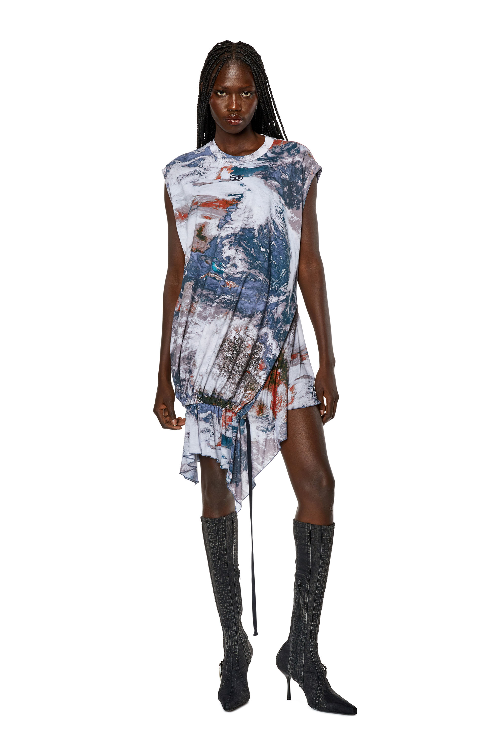 Diesel - D-ROLLETTY-NW-L1, Woman's Printed T-shirt dress with jersey hem in Blue/White - 1
